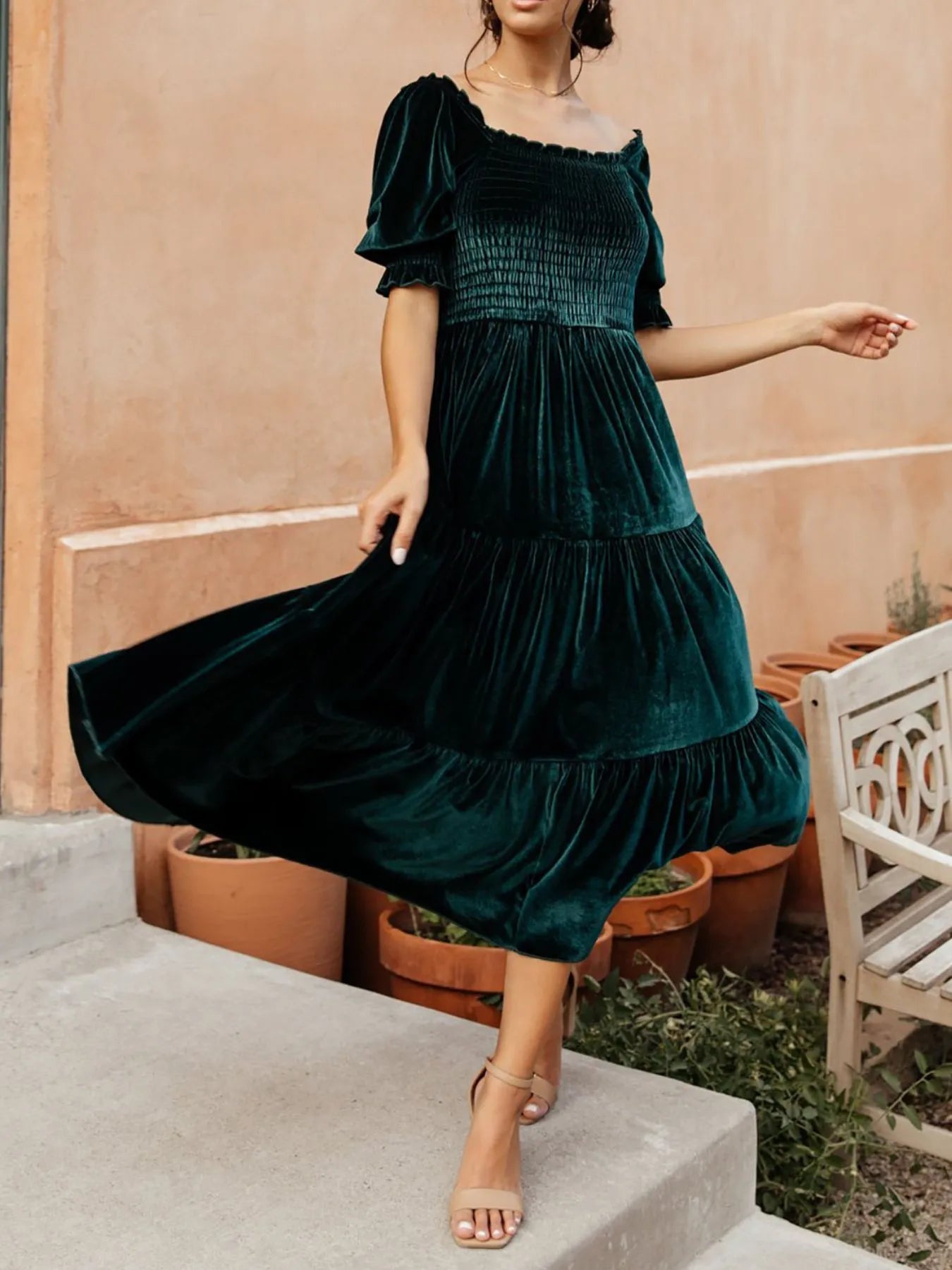 Smocked Half Sleeve Tiered Midi Dress