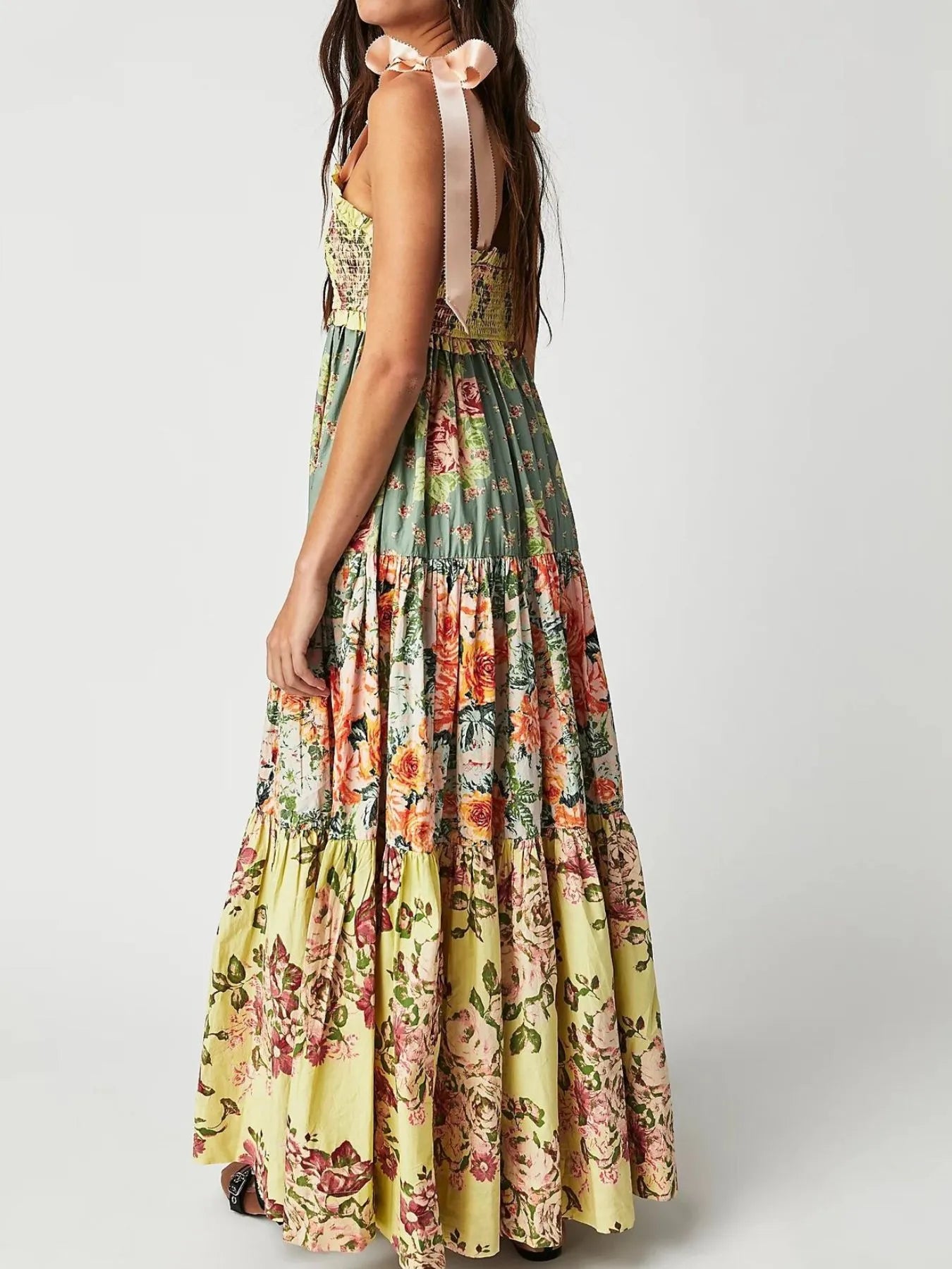 Smocked Printed Tie Shoulder Maxi Dress