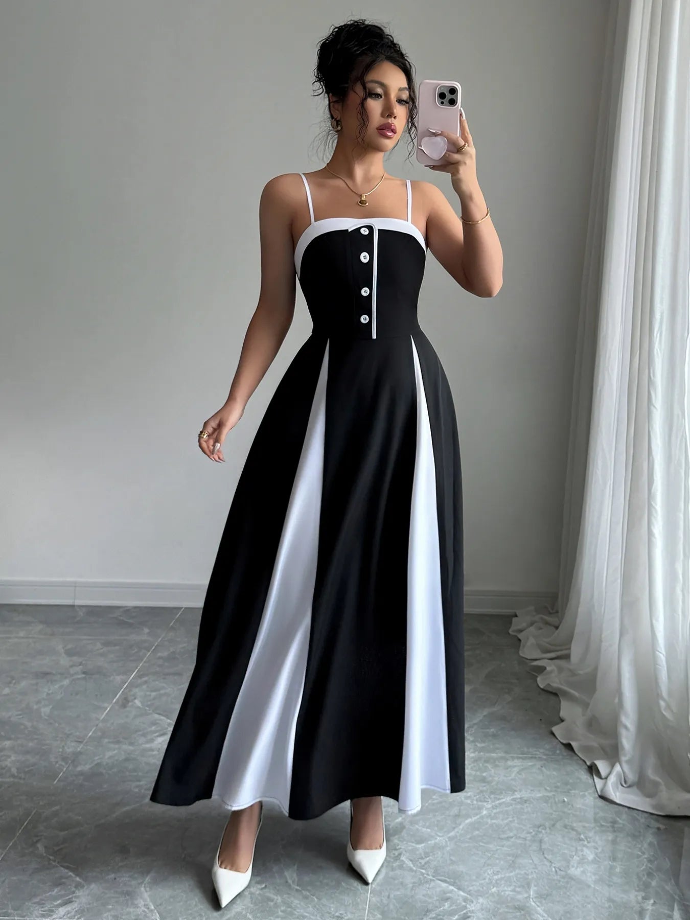 Decorative Button Contrast Maxi Cami Dress