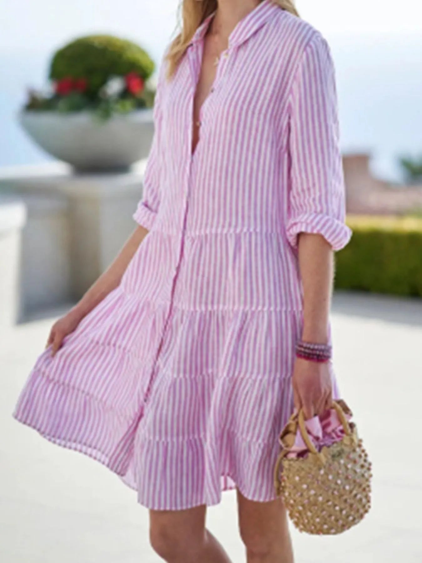 Striped Button-Down Shirt Dress with Tiered Ruffle Hem Plus Size