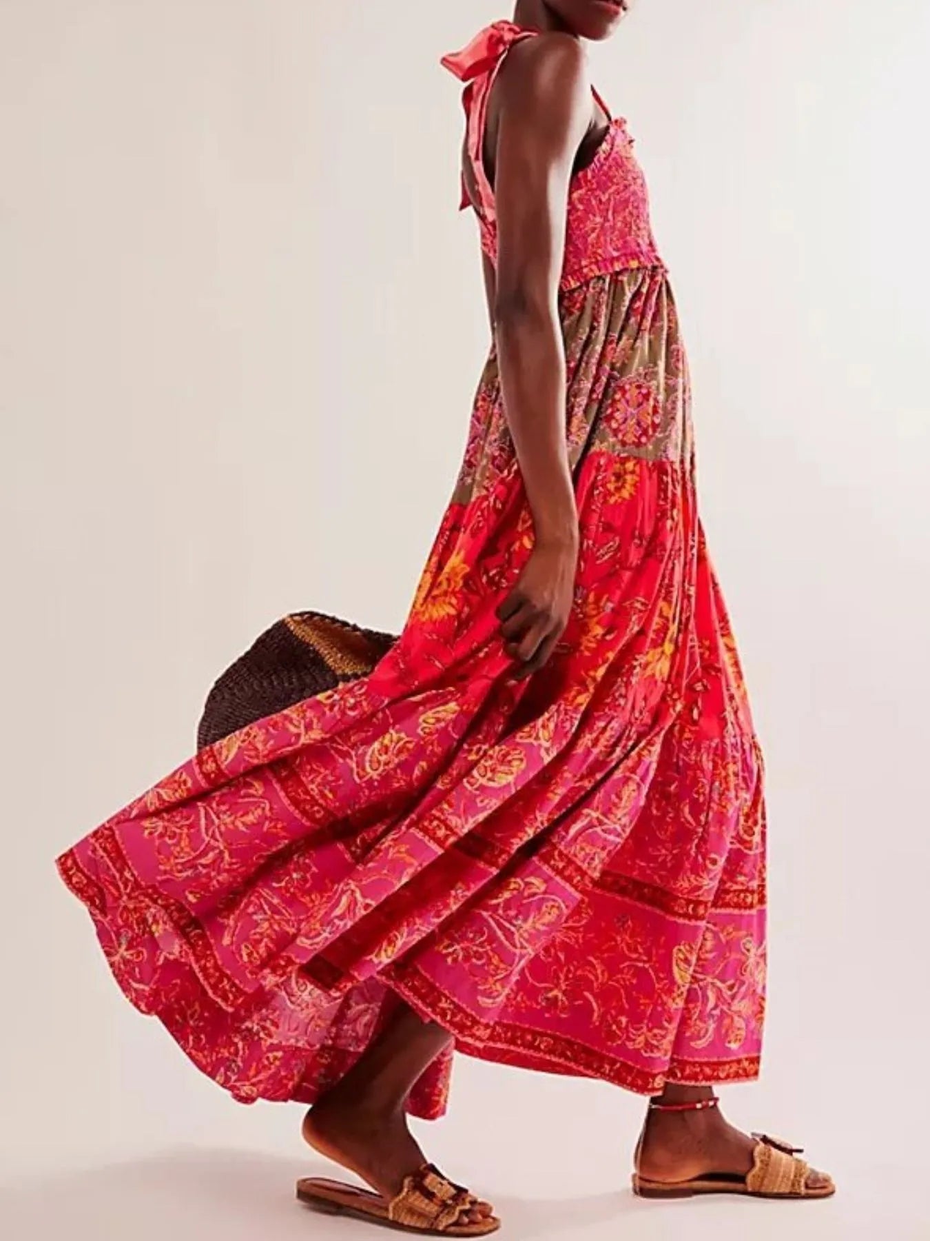 Smocked Printed Tie Shoulder Maxi Dress