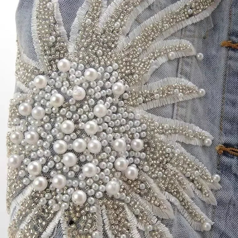 fashion Lace Beaded Denim Vest Women Cardigan 2025 New spring Sleeveless Jacket Fashion Loose Vintage jeans Waistcoat tide R359