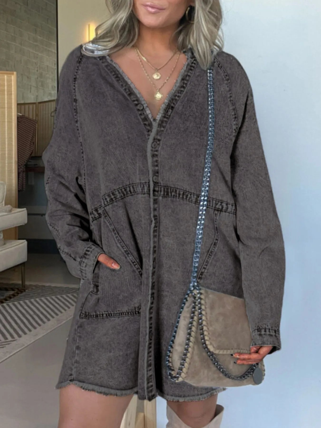 Button-Front Long Sleeve Denim Shirt Dress Plus Size