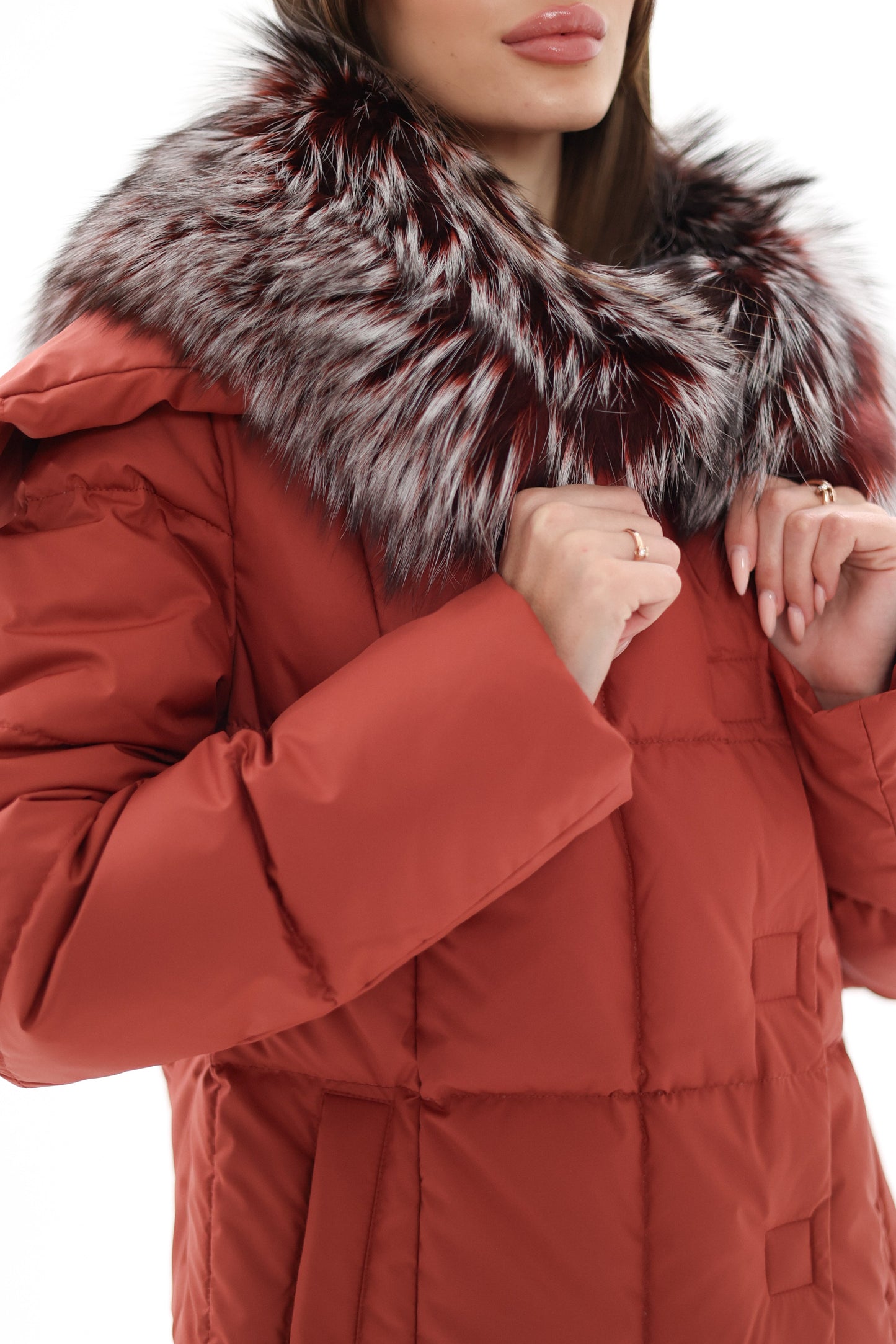 Genuine Silver Fox Fur Trim Down Coat