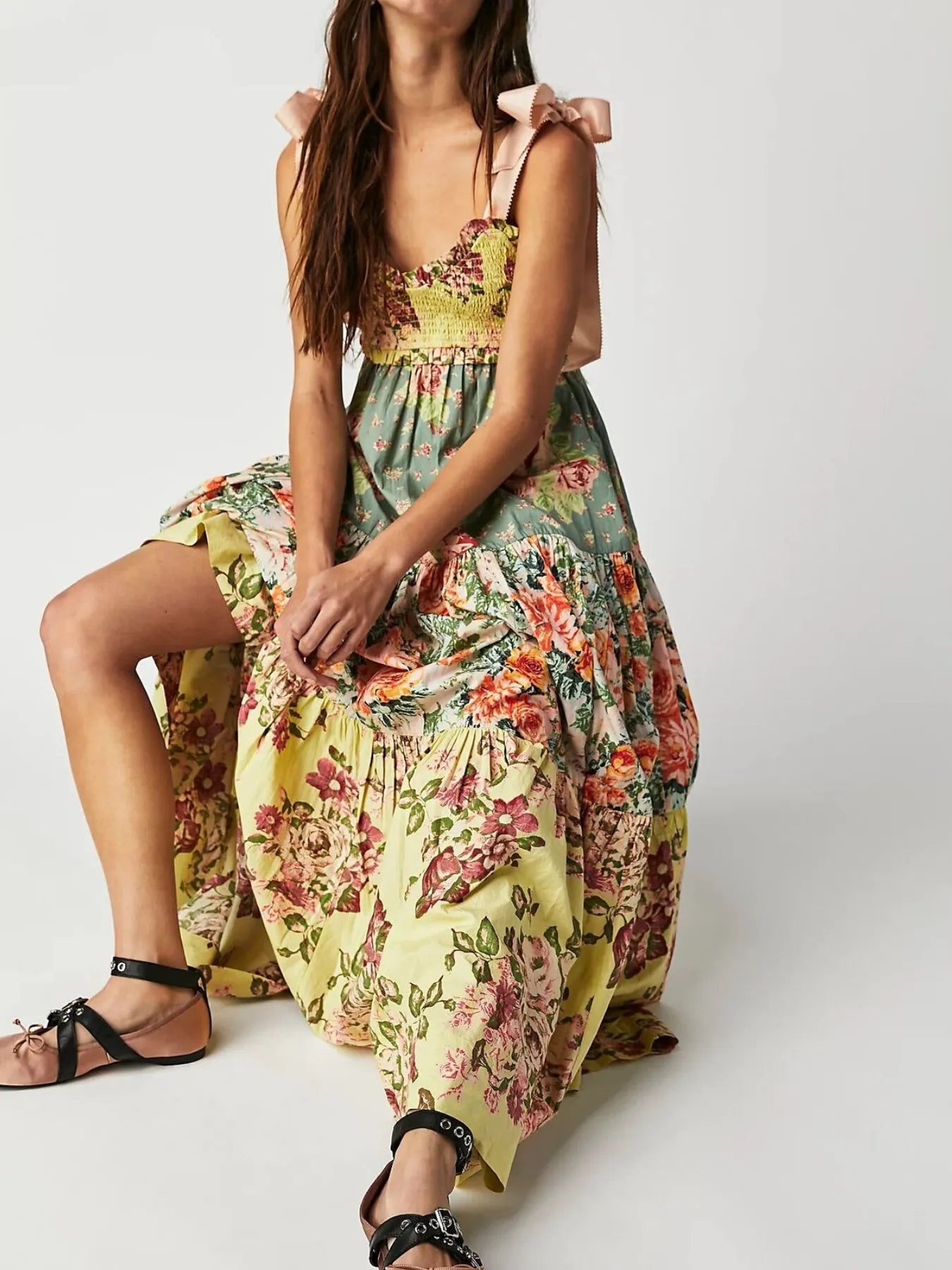 Smocked Printed Tie Shoulder Maxi Dress