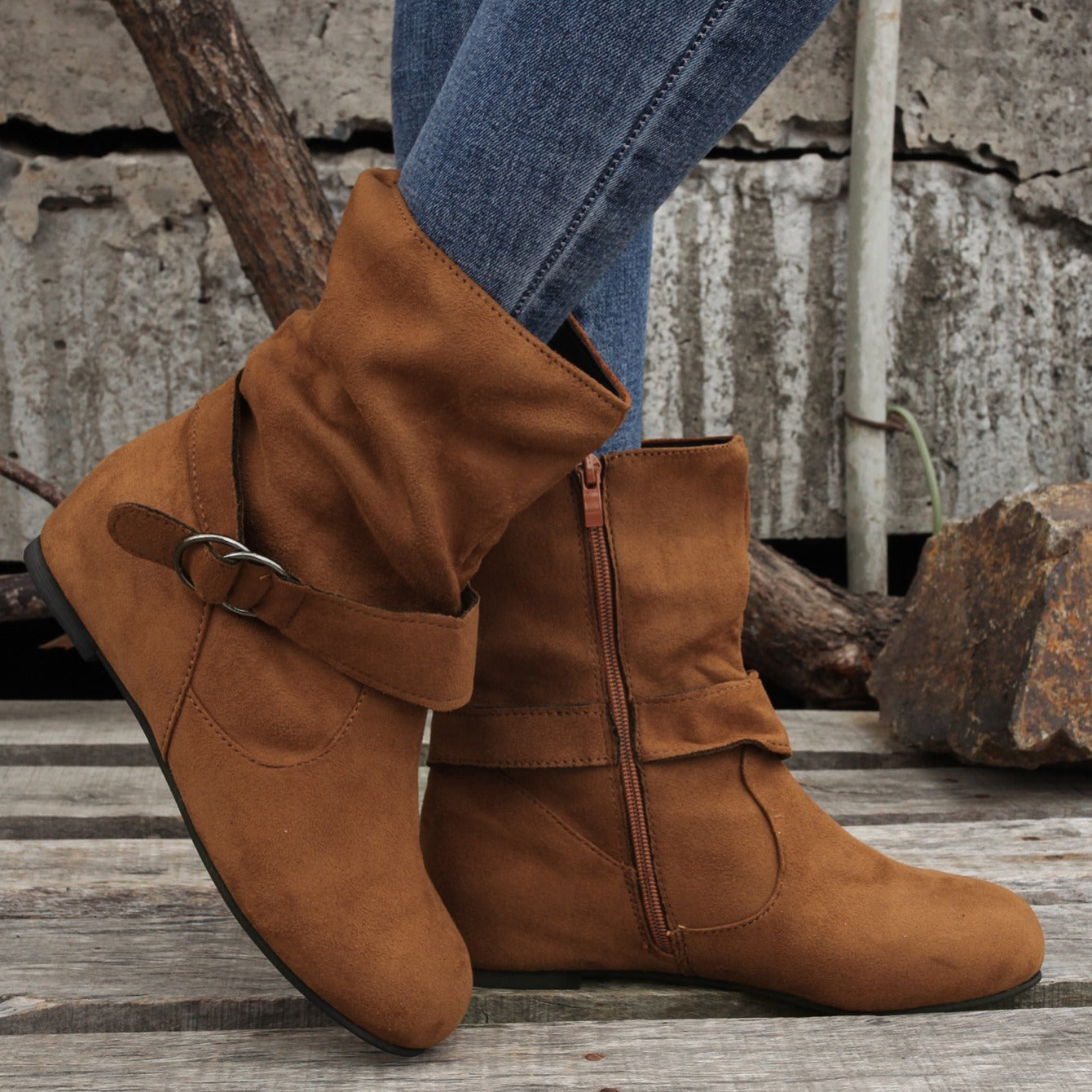 Ankle Boots Round Toe Buckle Belt Side Zipper Boots