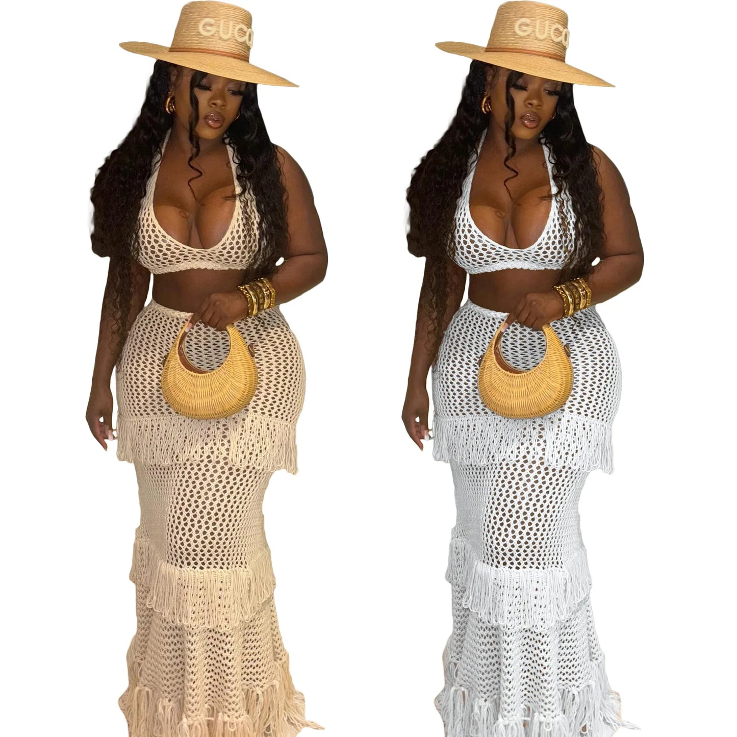 Knitted Crochet 2 Piece Skirt Sets Sexy Ruffle Elegant Fringe Tassel Dress 2024 Summer Outfits Crop Top Two Piece Skirt Sets
