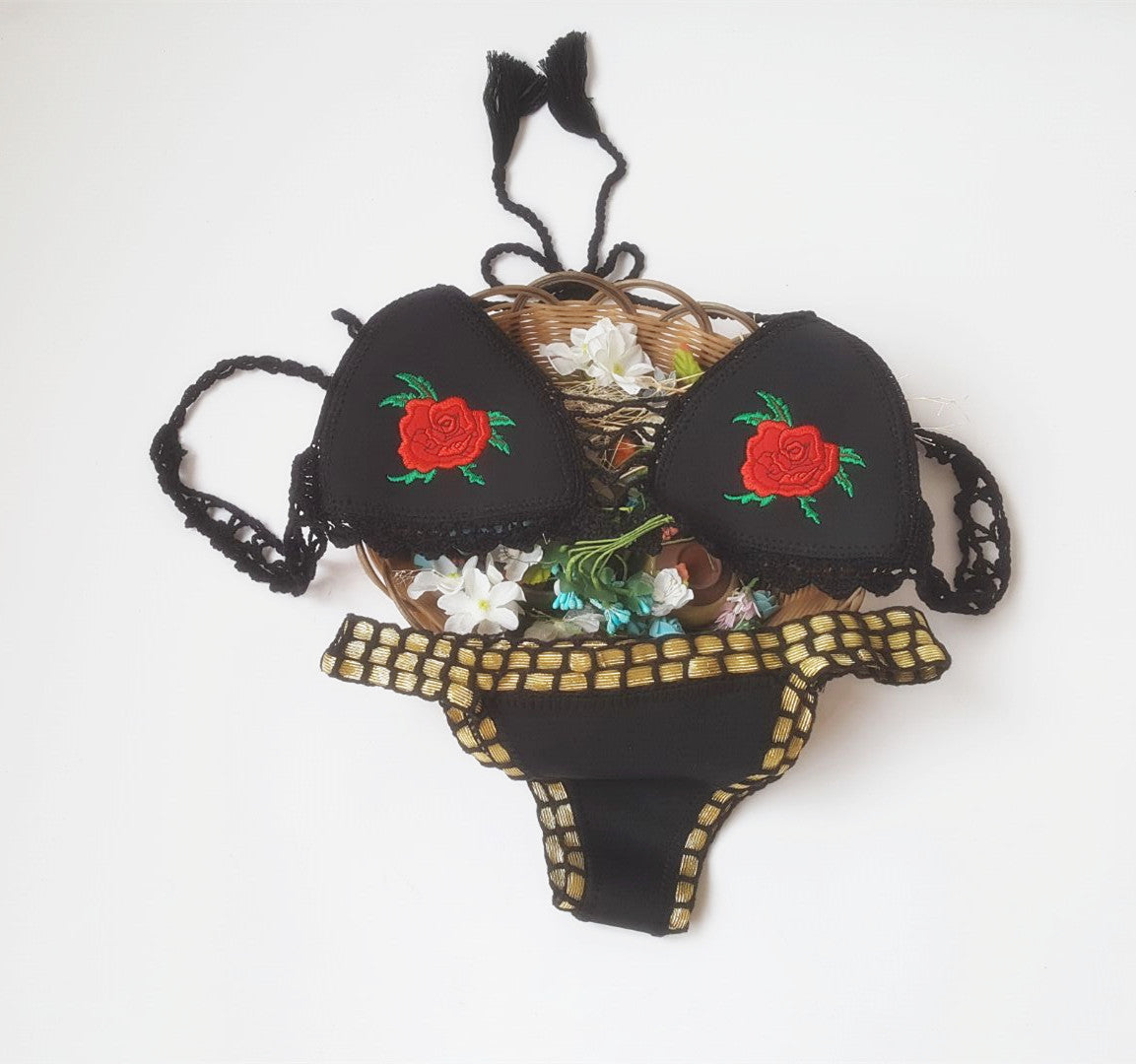 Bikini Crochet Embroidery Rose Women Swimsuit High Elastic Embroidered Split Swimsuit Bikini