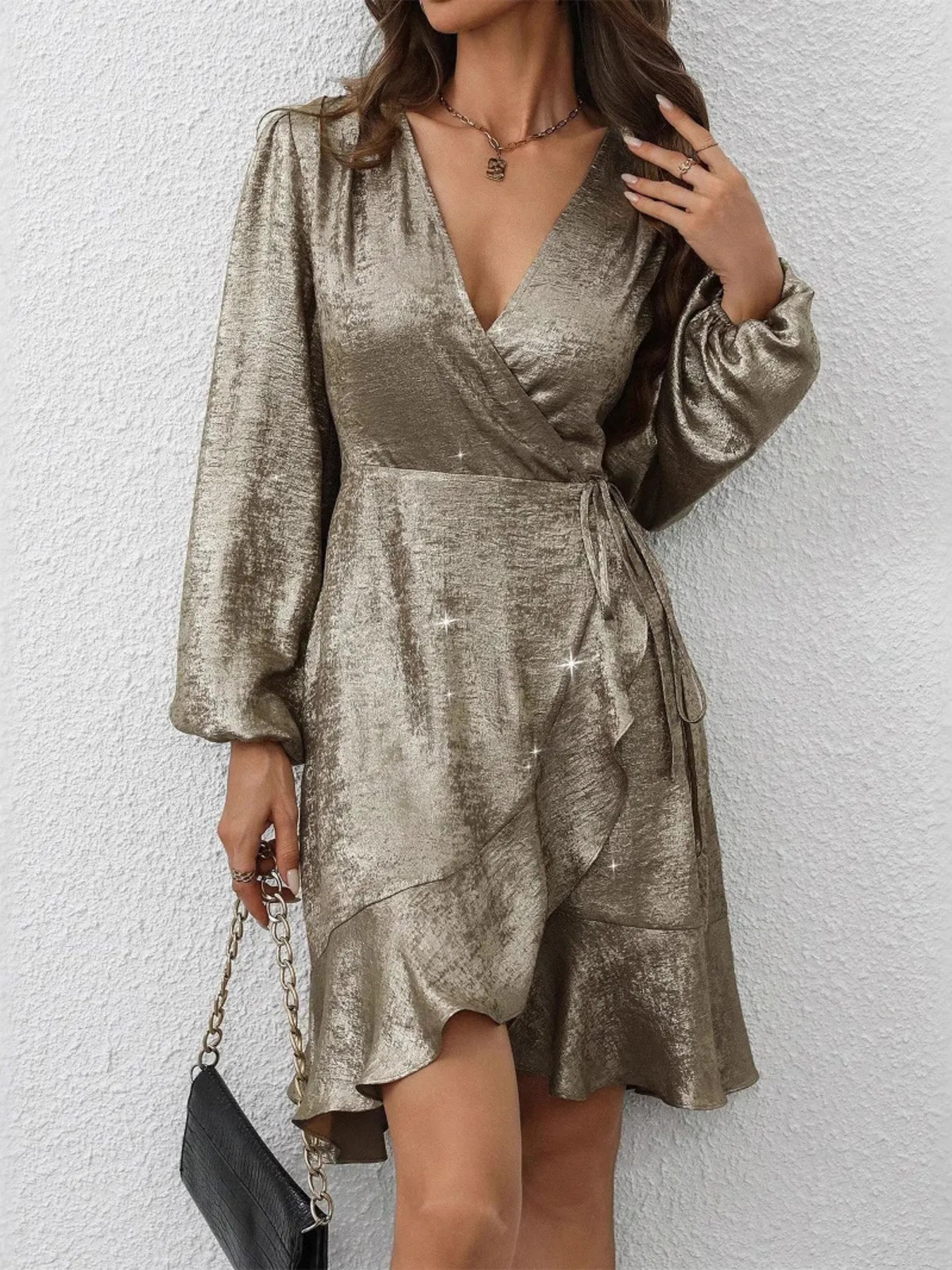 Ruffled Hem Surplice Long Sleeve Dress