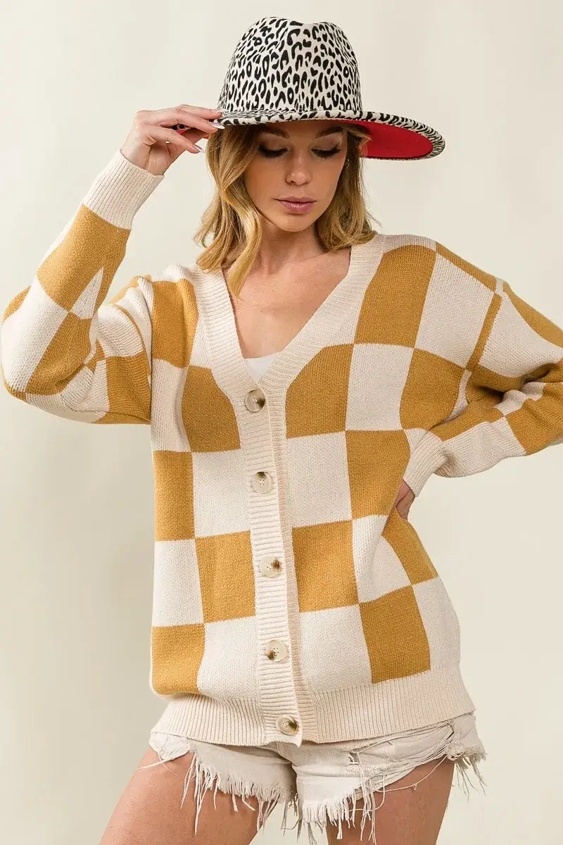 BiBi Checkered V Neck Cardigan Mustard Cream Pattern