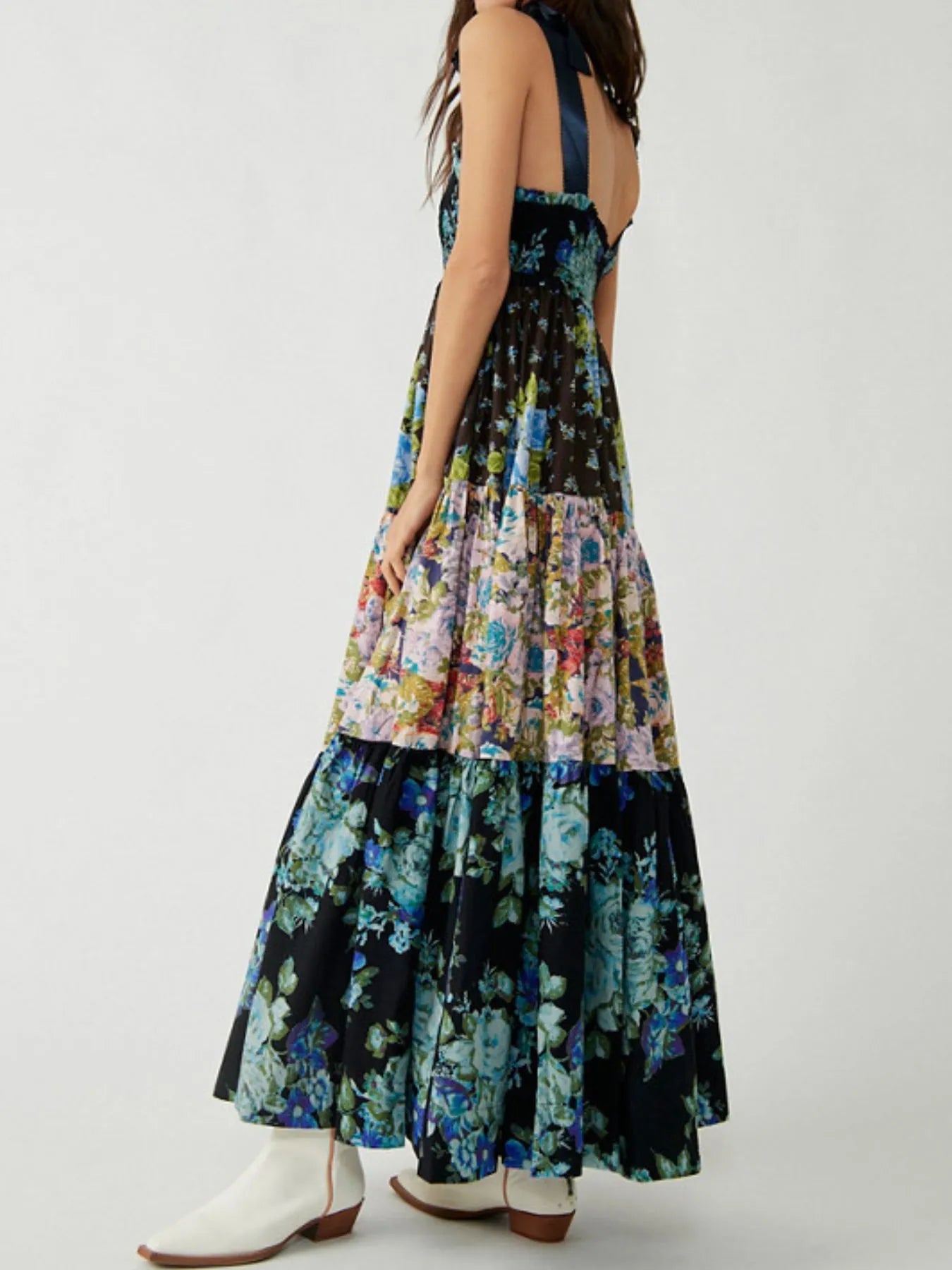 Smocked Printed Tie Shoulder Maxi Dress