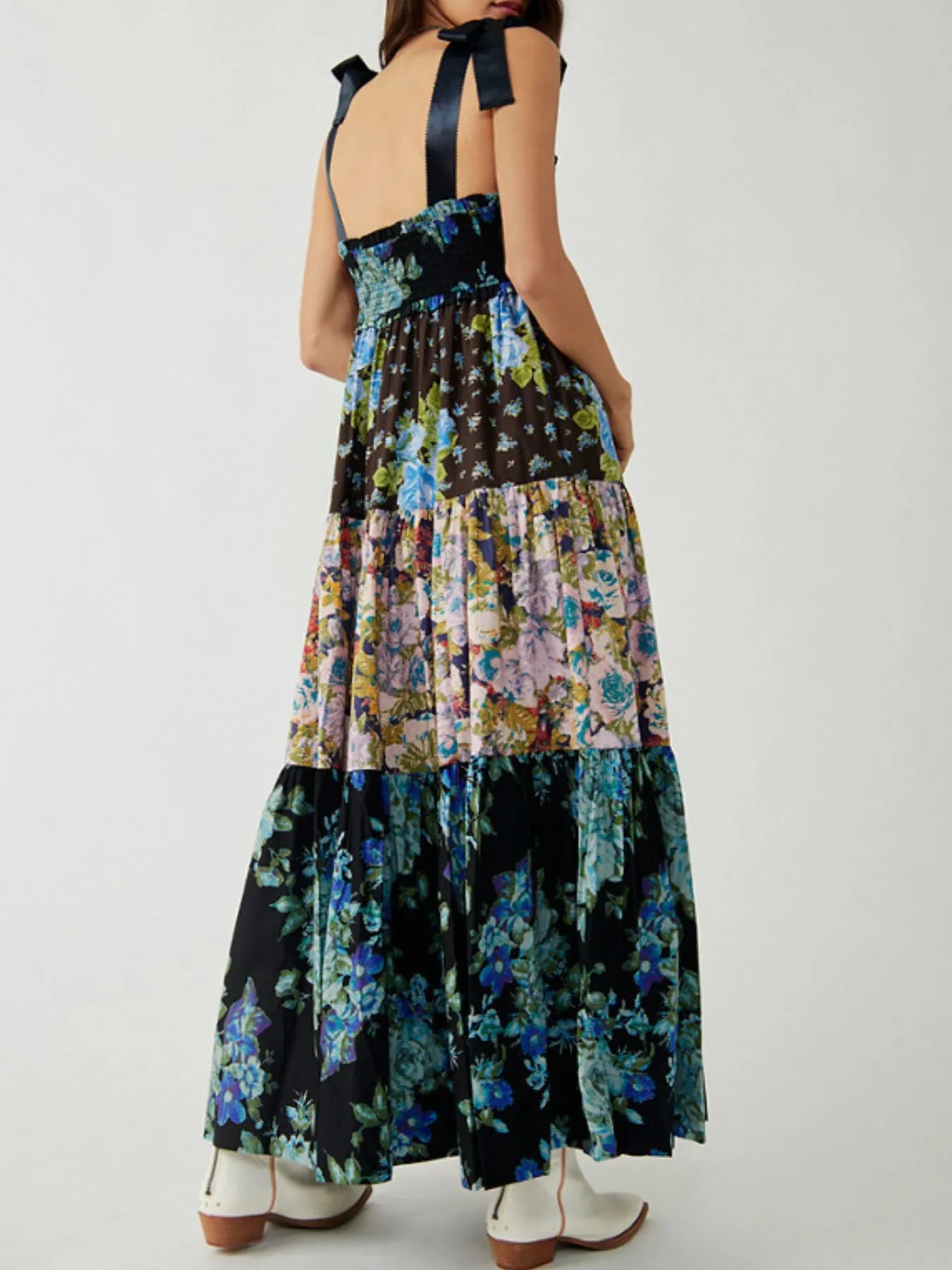 Smocked Printed Tie Shoulder Maxi Dress