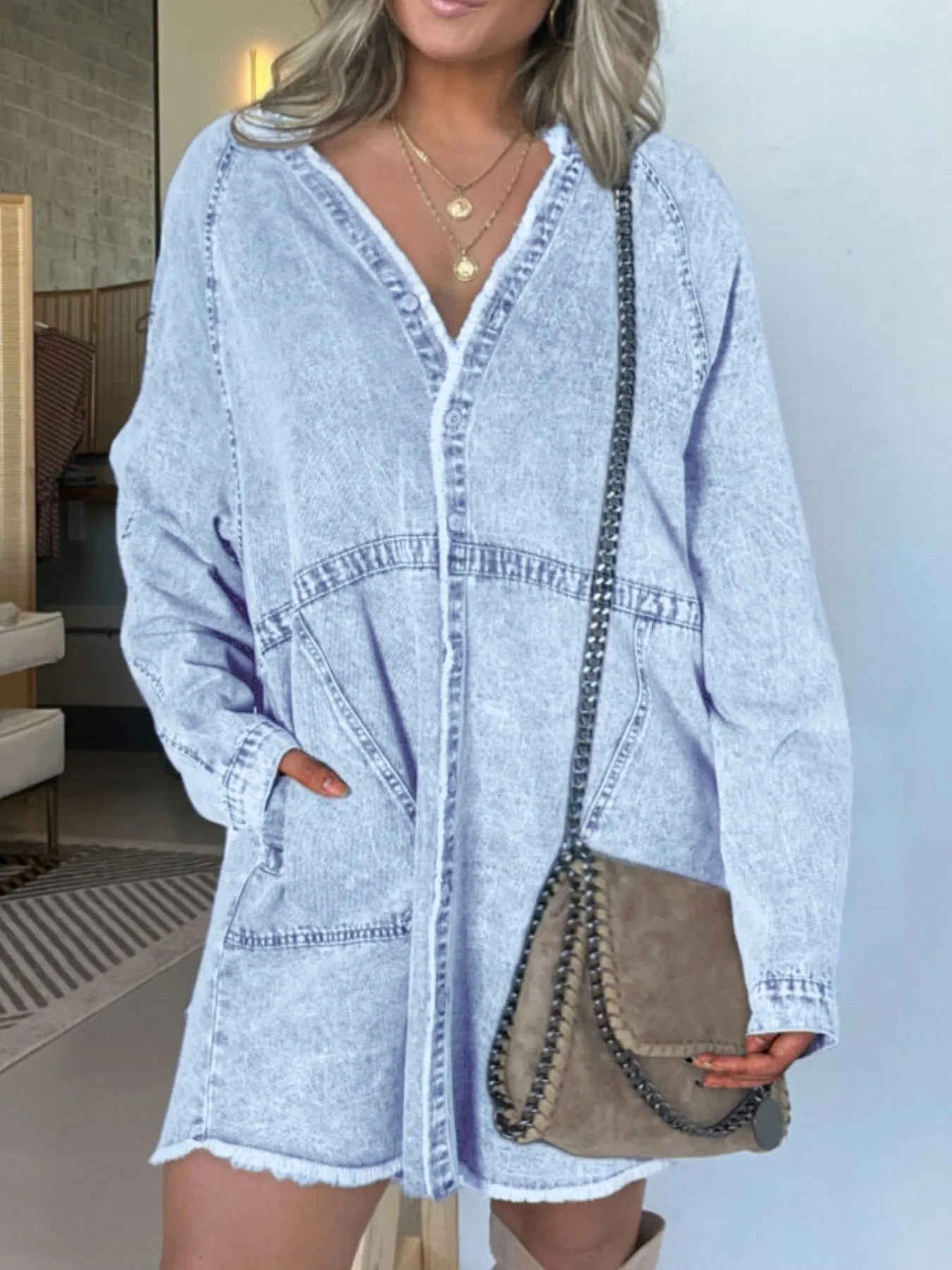 Button-Front Long Sleeve Denim Shirt Dress Plus Size