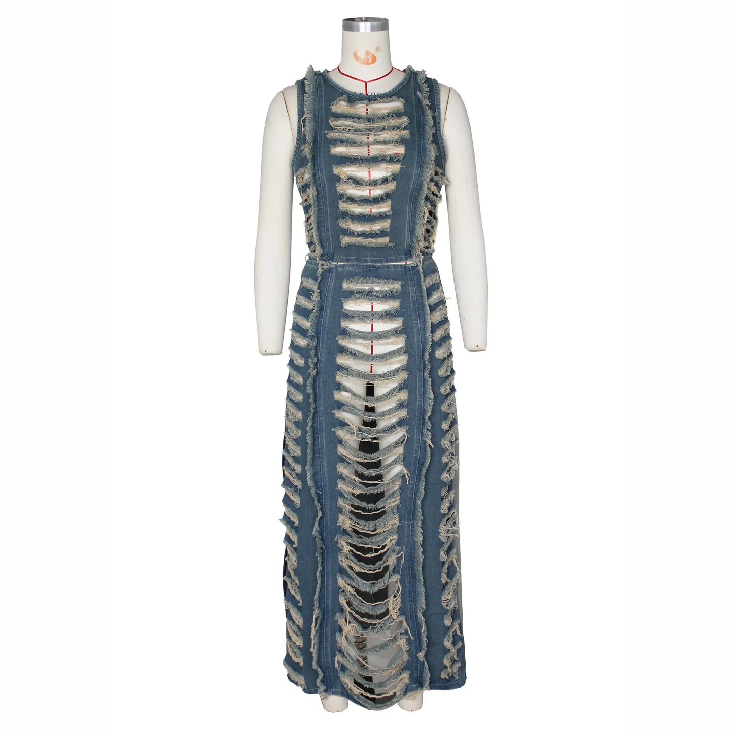 DSMTRC Women Sleeveless Crop Tank Tops and Split Side Maxi Skirt Streetwear Outfits Elegant Ripped Hole Denim Two 2 Piece Dress