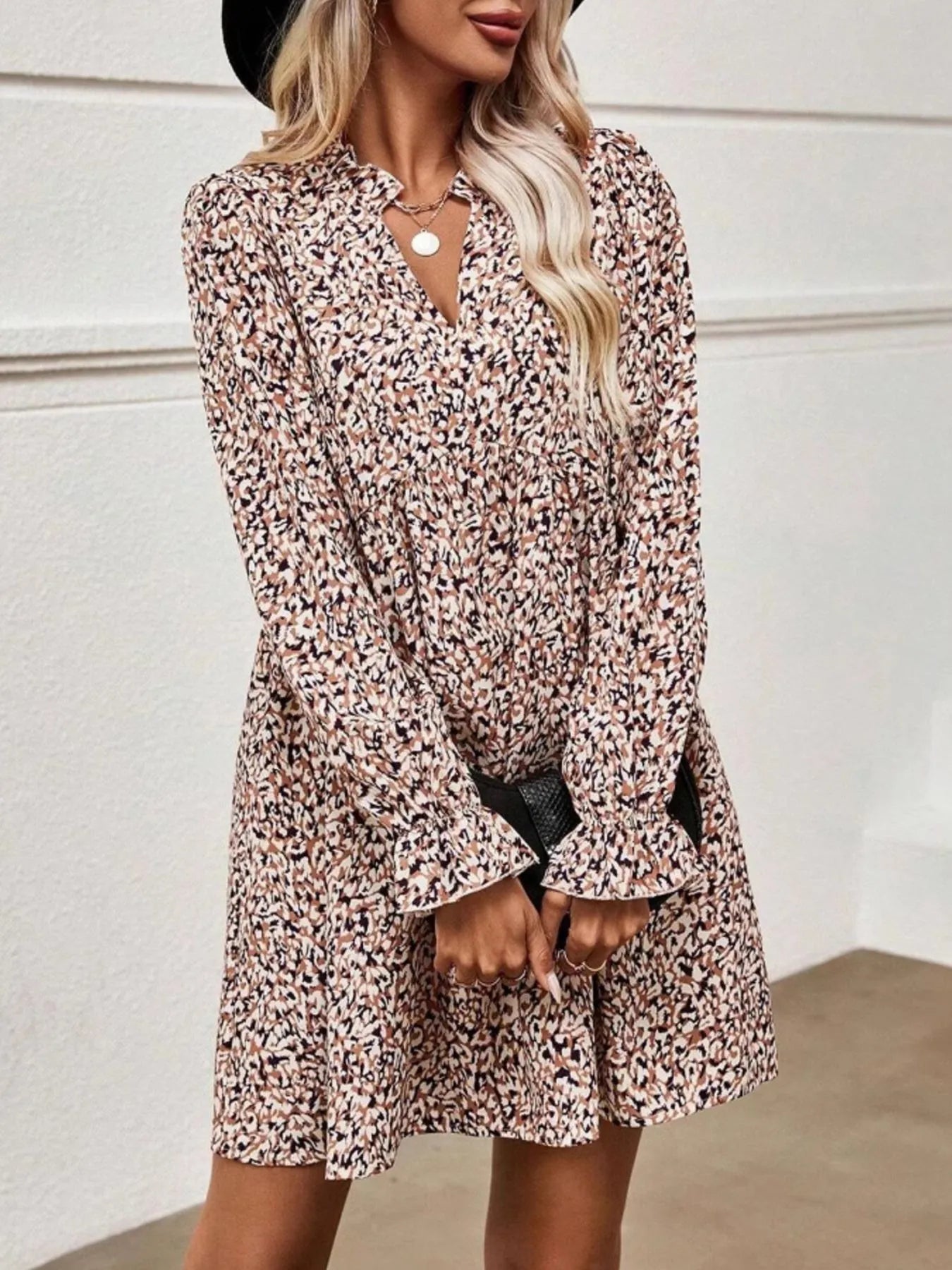 Printed Notched Flounce Sleeve Dress