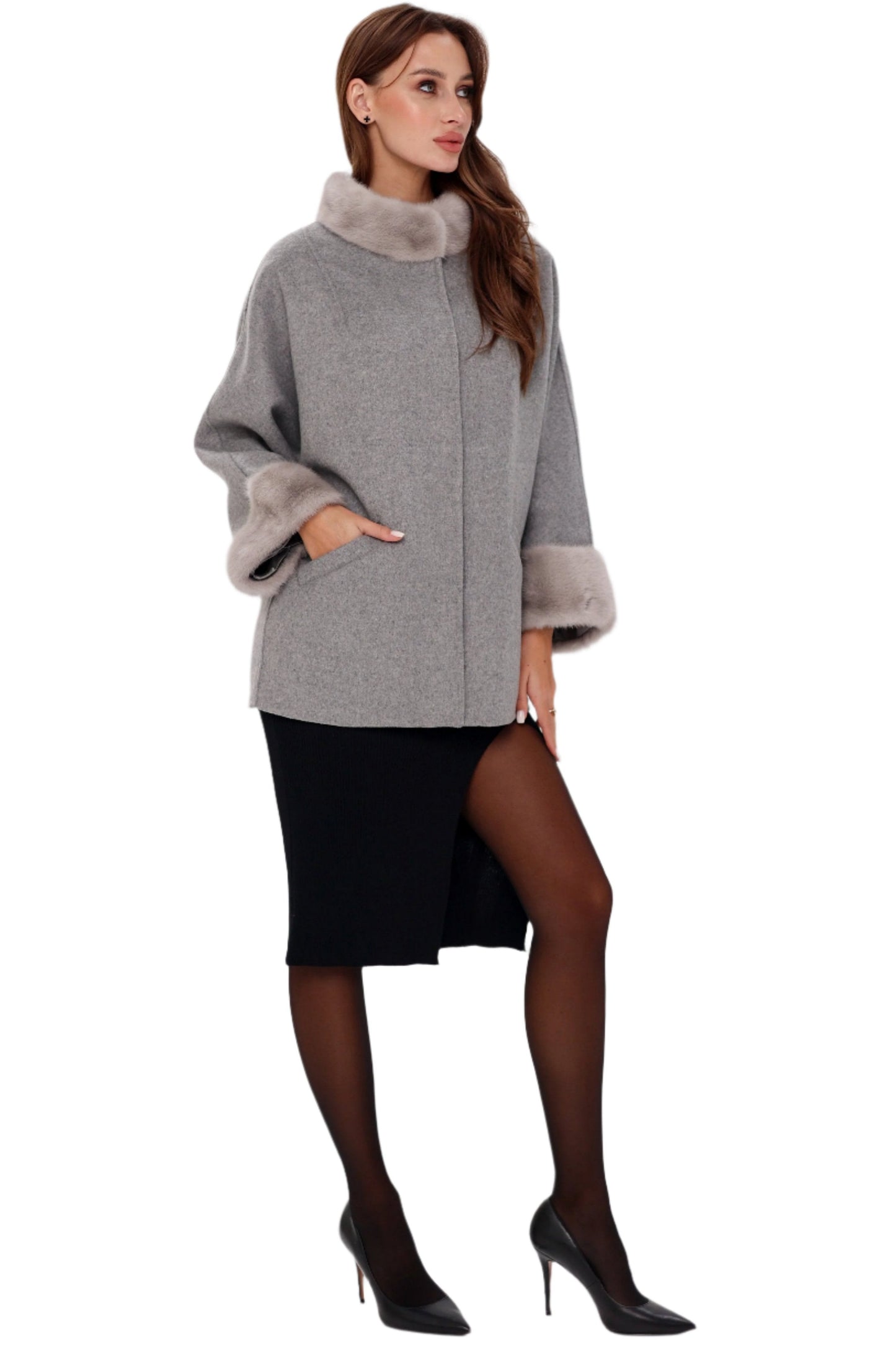 Manteau en véritable fourrure de vison et laine vierge