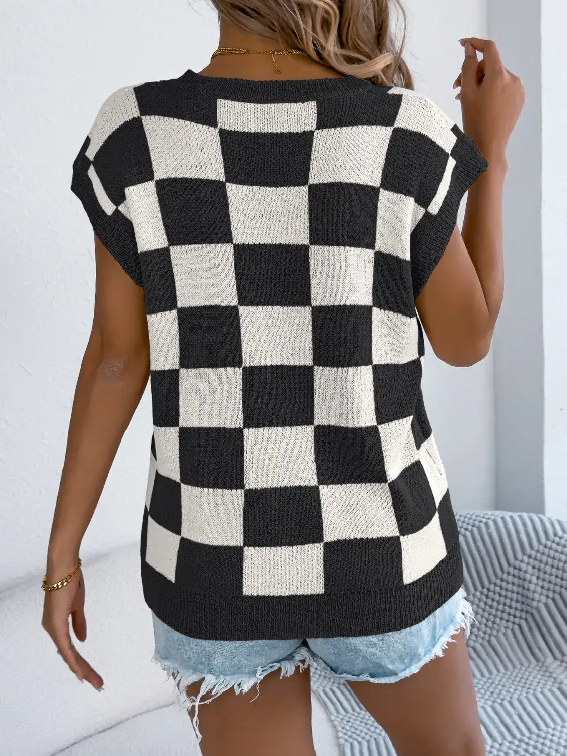 Checkered Round Neck Cap Sleeve Knit Top For Women Casual