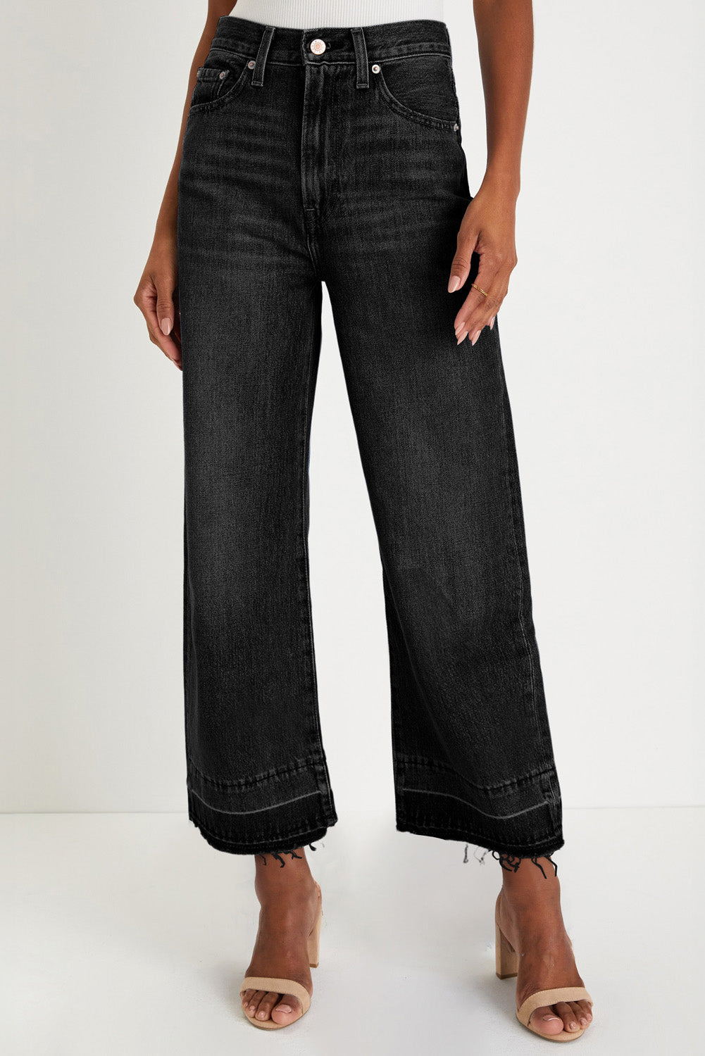 Black Raw Hem Loose Straight Leg High Waist Jeans Denim