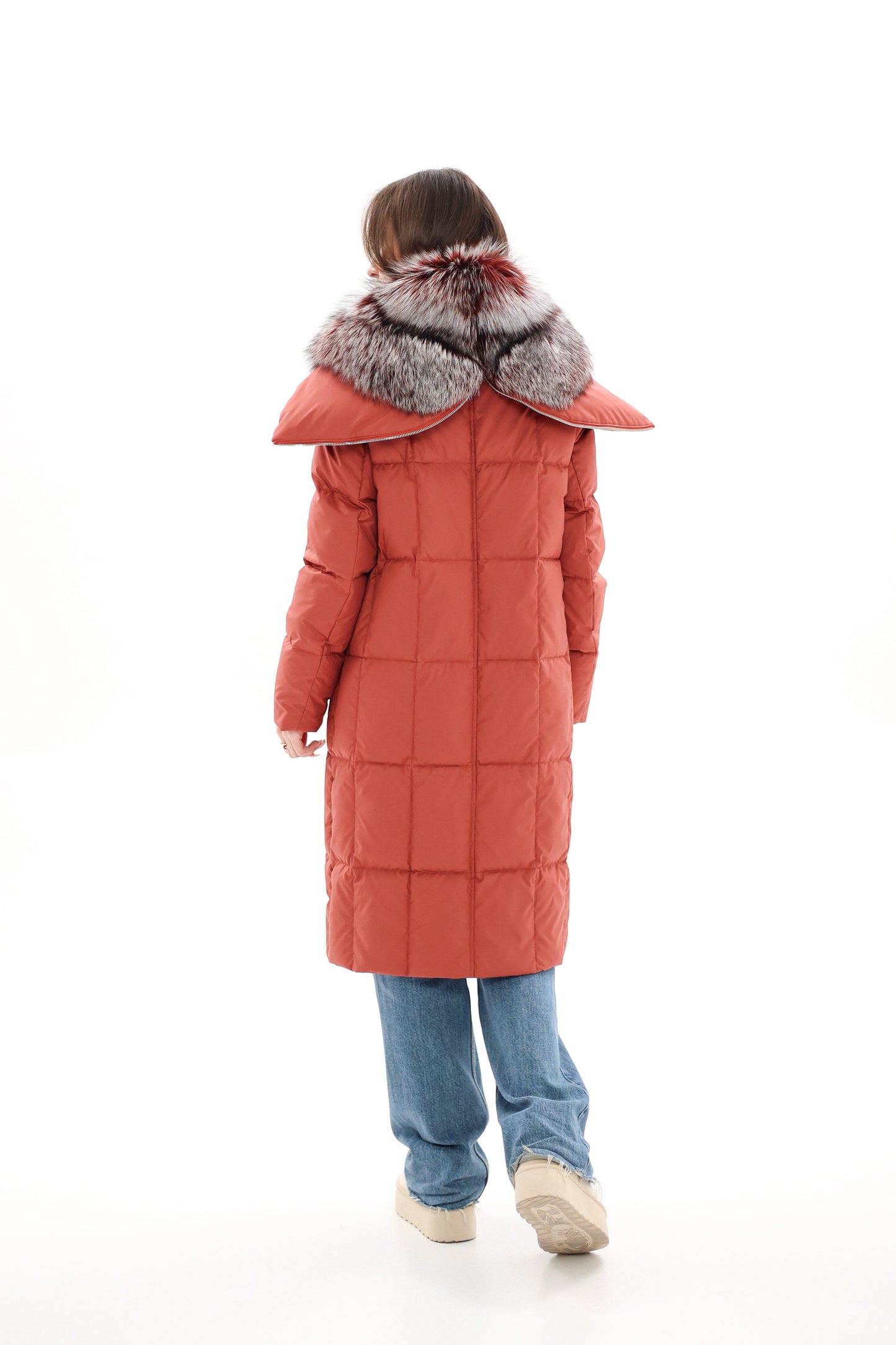 Genuine Silver Fox Fur Trim Down Coat