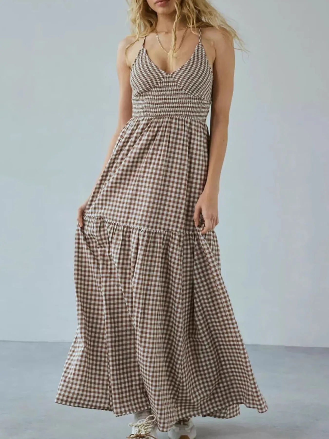 Crisscross Back Plaid Maxi Cami Dress