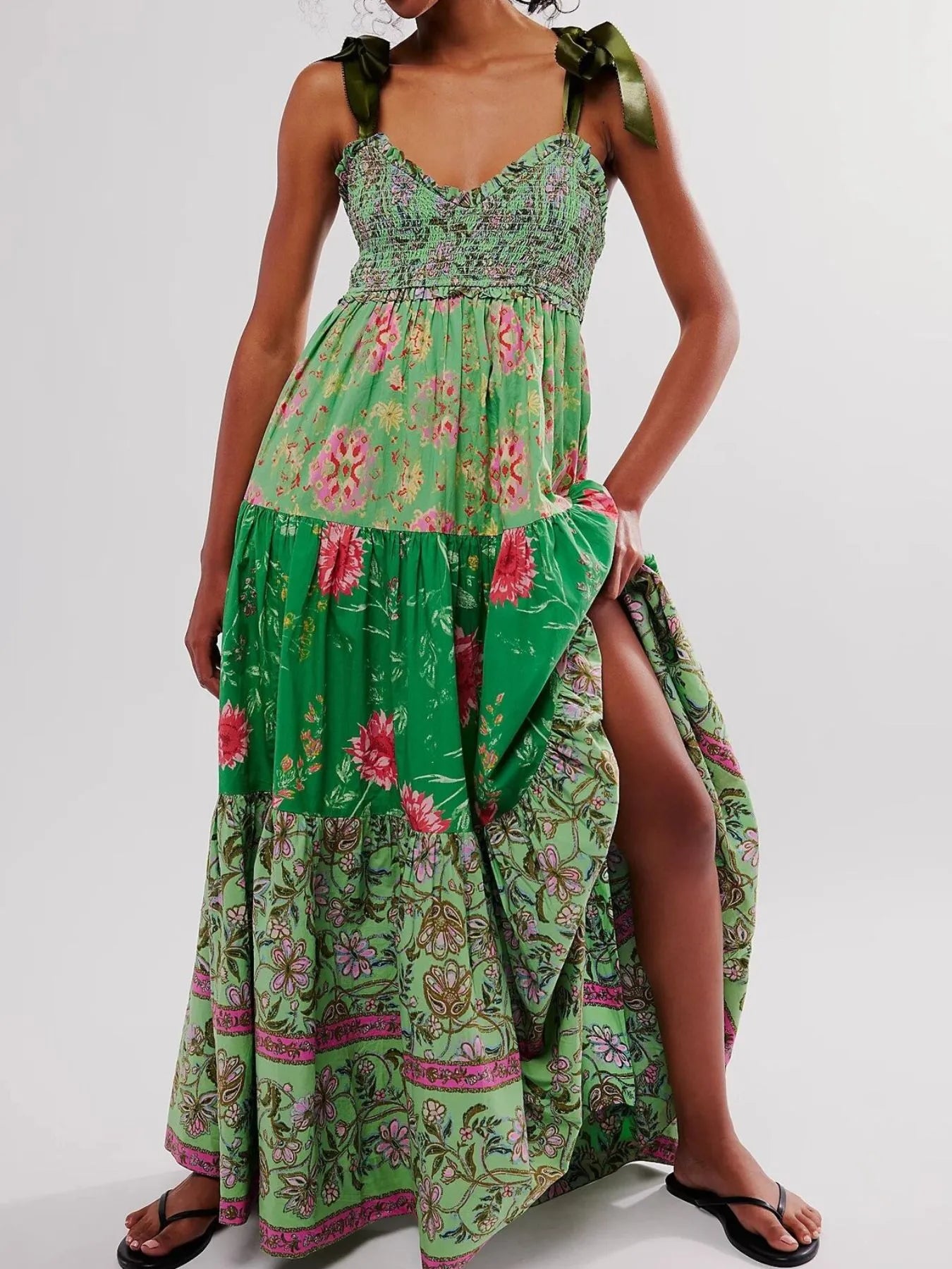Smocked Printed Tie Shoulder Maxi Dress