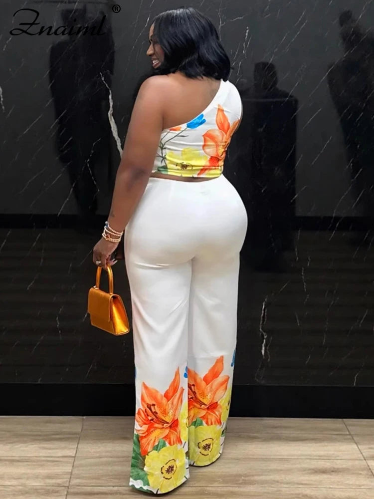 Znaiml Flower Print 2 Piece Pant Set Women Skew Collar Crop Tops and Wide Leg Pants Casual Summer Vacation Party Outfits 2025