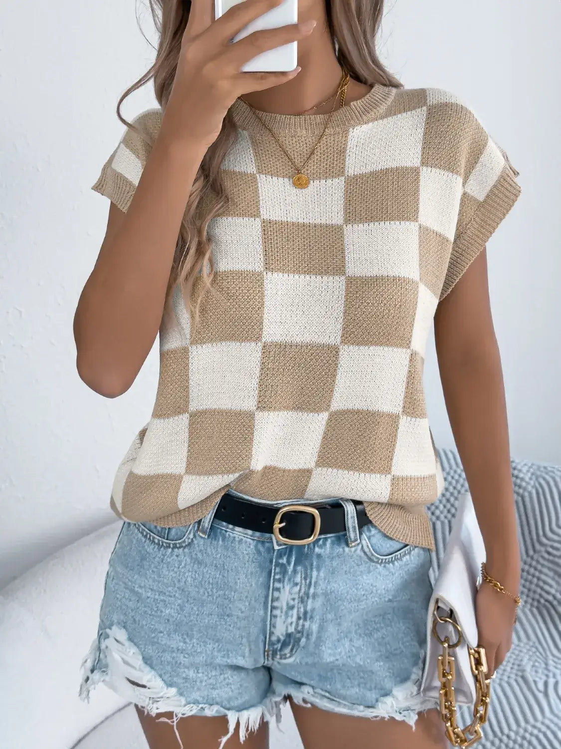 Checkered Round Neck Cap Sleeve Knit Top For Women Casual