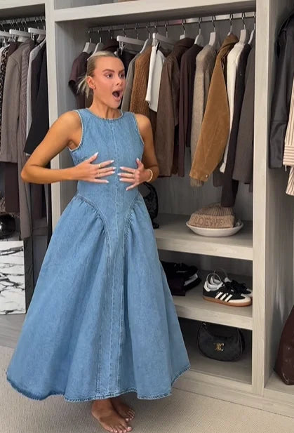 Casual Round Neck Lace Up Backless Denim Dress Sleeveless High Waist Loose Zipper Robe Summer High Street Sexy Solid Clothing