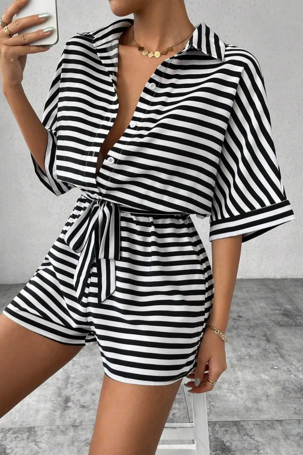 Striped Collared Neck Tie Waist Romper