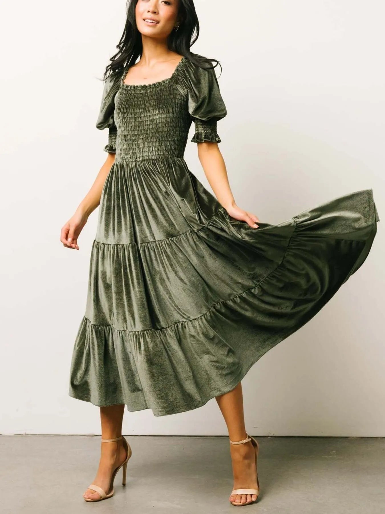 Smocked Half Sleeve Tiered Midi Dress