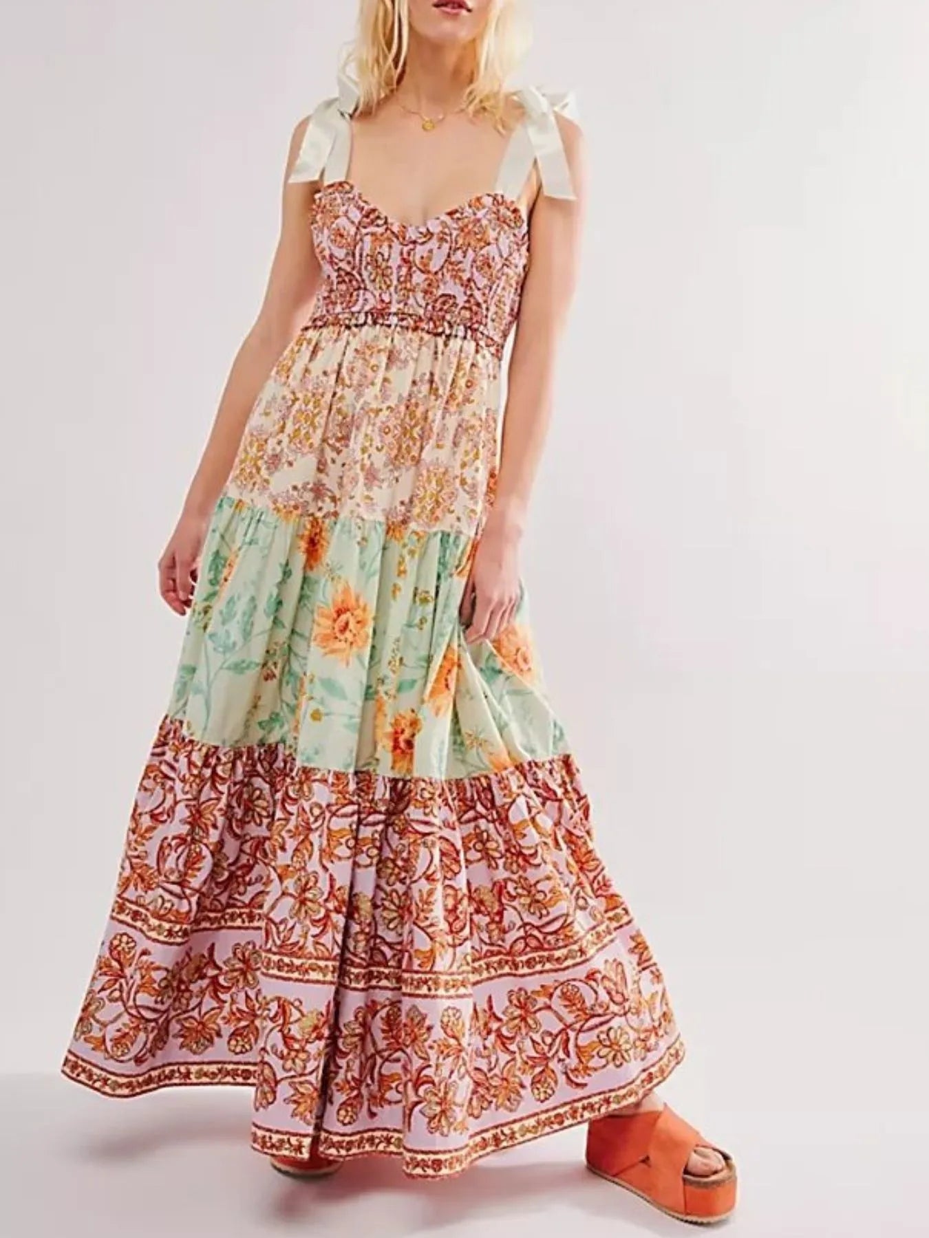 Smocked Printed Tie Shoulder Maxi Dress