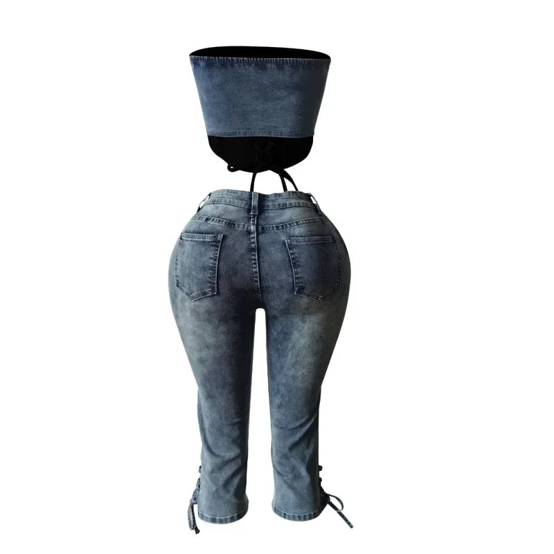 Fashion Sexy Lace-up Crop Jean Tube Top Women's Club Party Elastic Skinny Cropped Jeans Streetwear Two Piece Sets