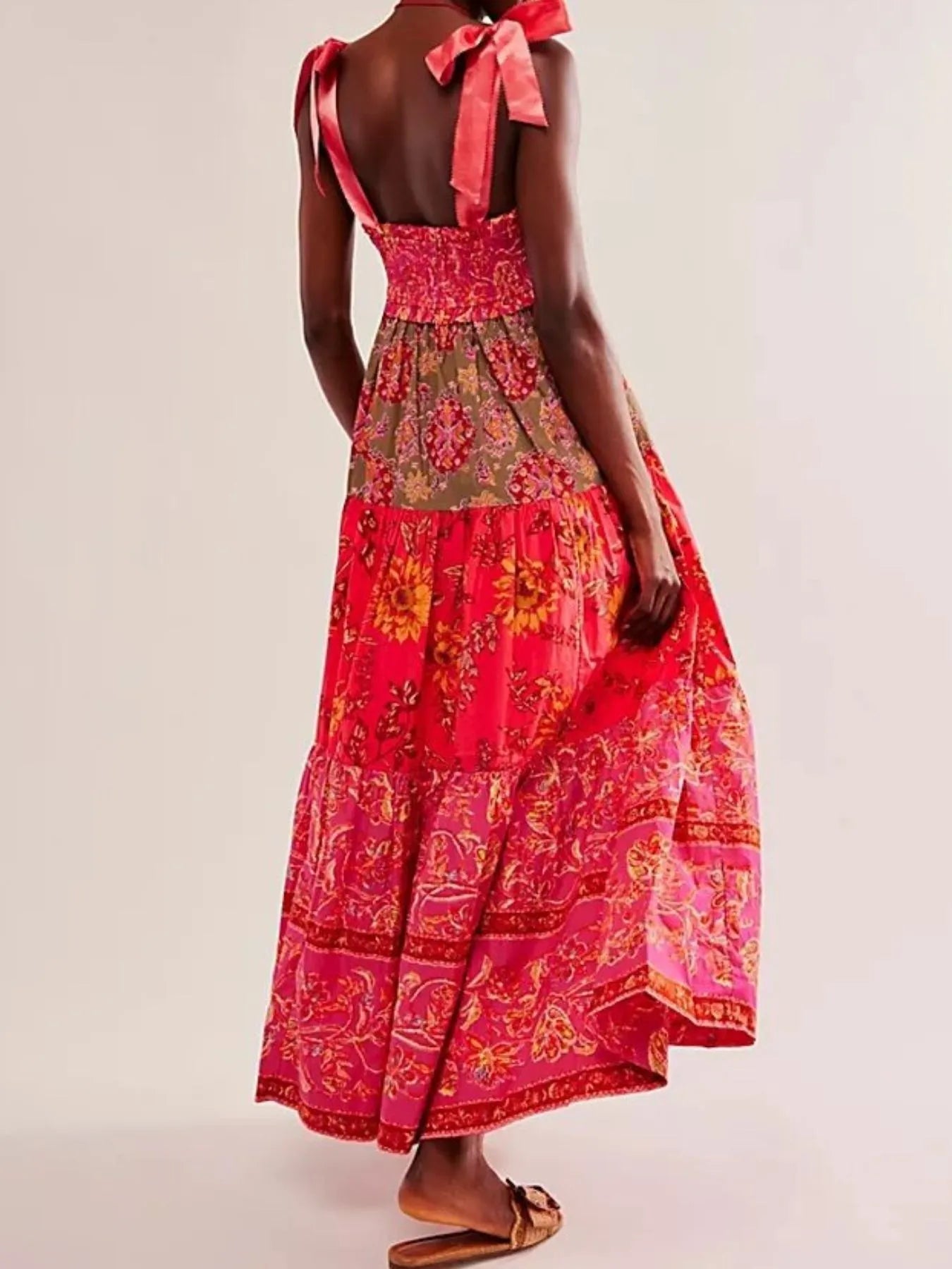 Smocked Printed Tie Shoulder Maxi Dress