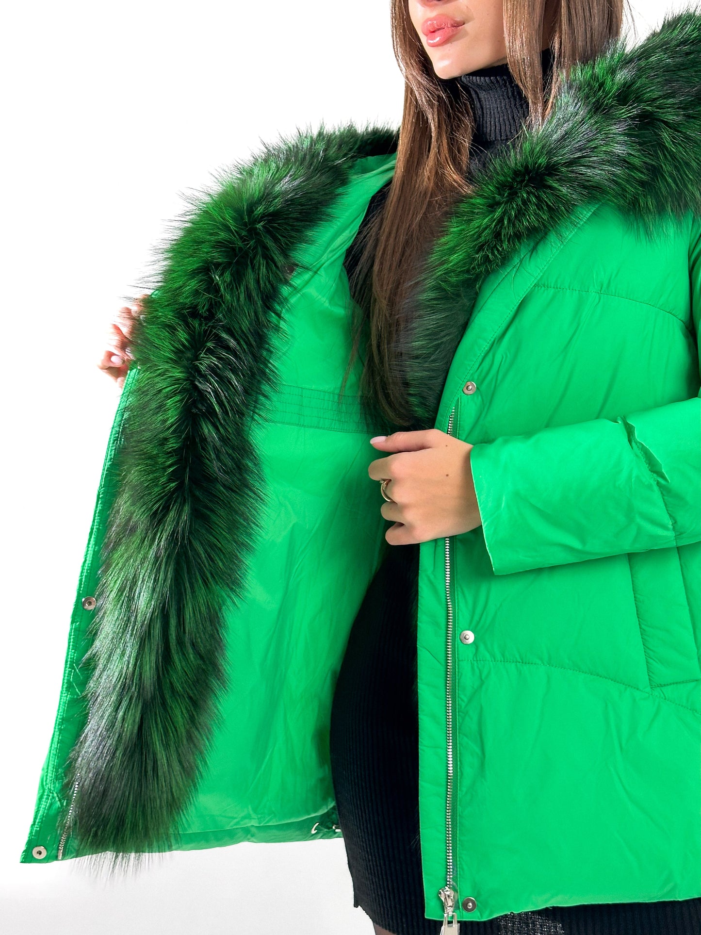 Parka en duvet et fourrure de renard argenté véritable