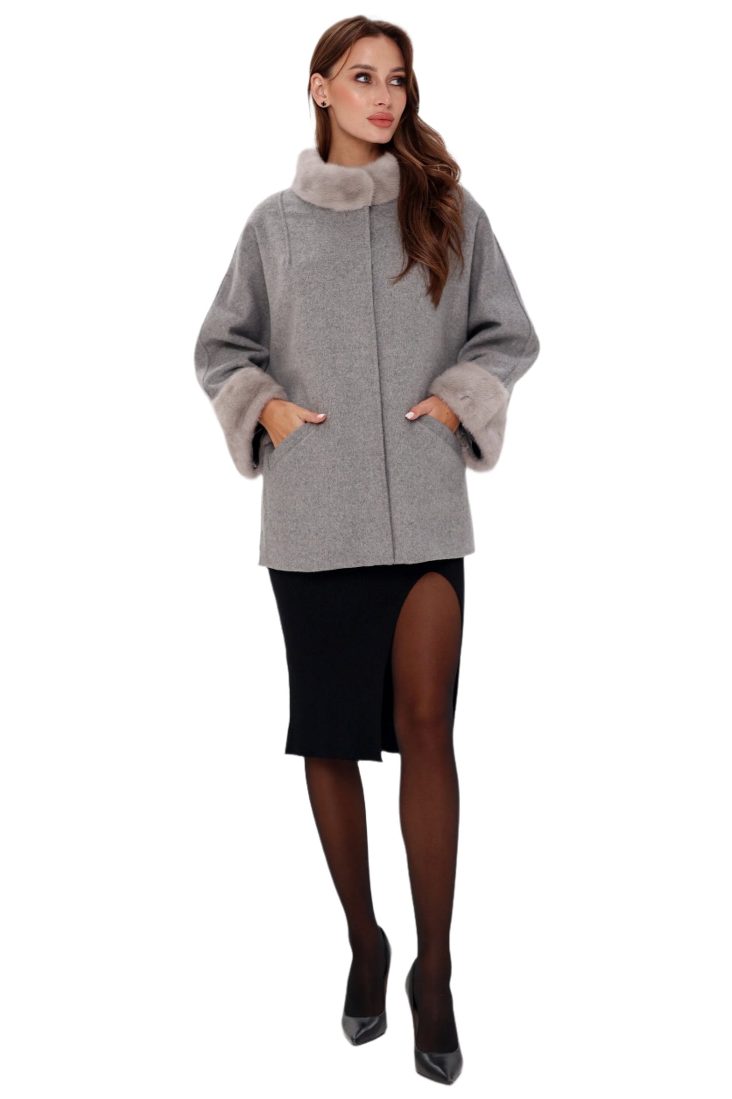 Manteau en véritable fourrure de vison et laine vierge