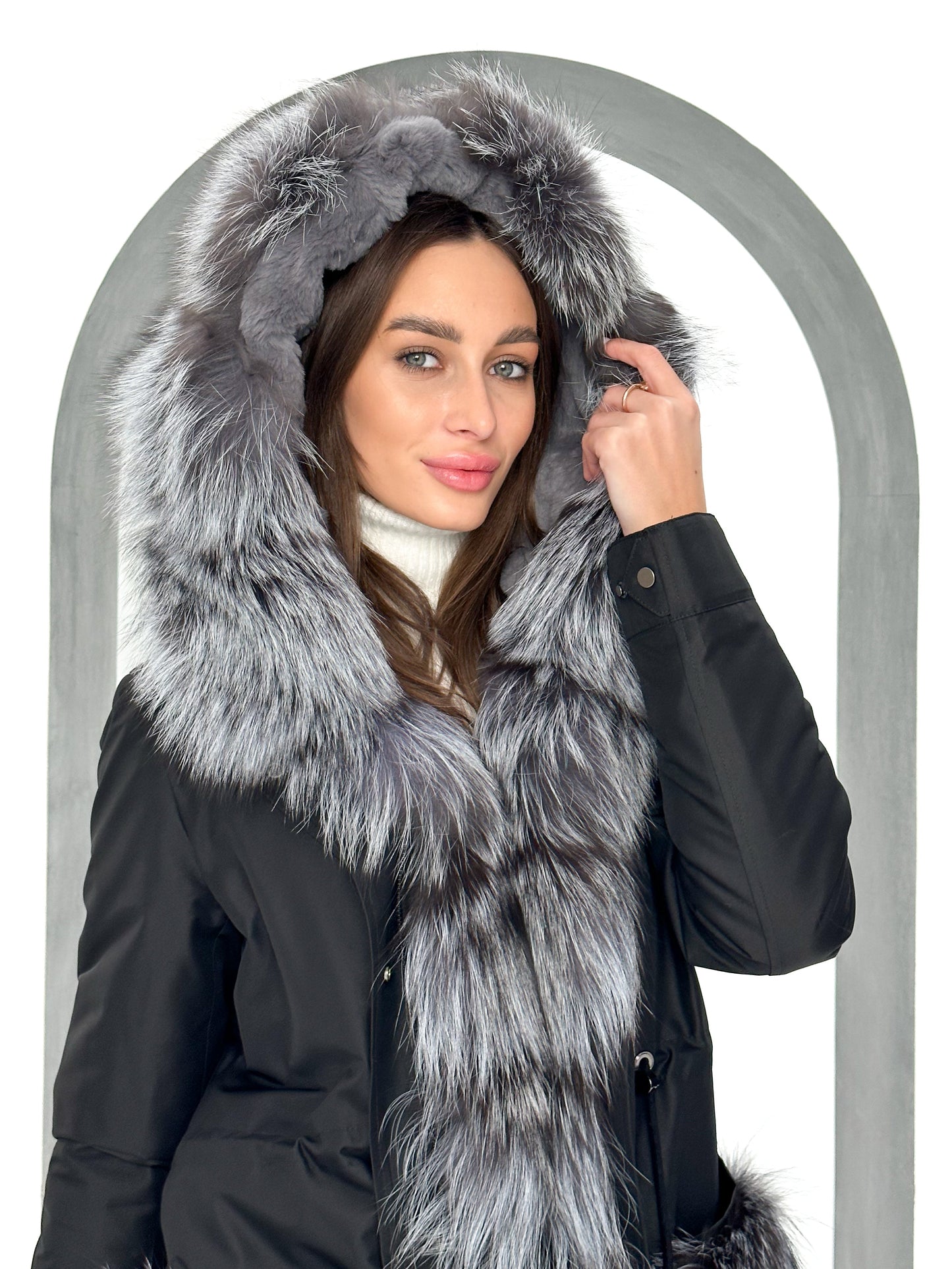 Genuine Silver Fox Fur Rabbit Fur Insulated Parka