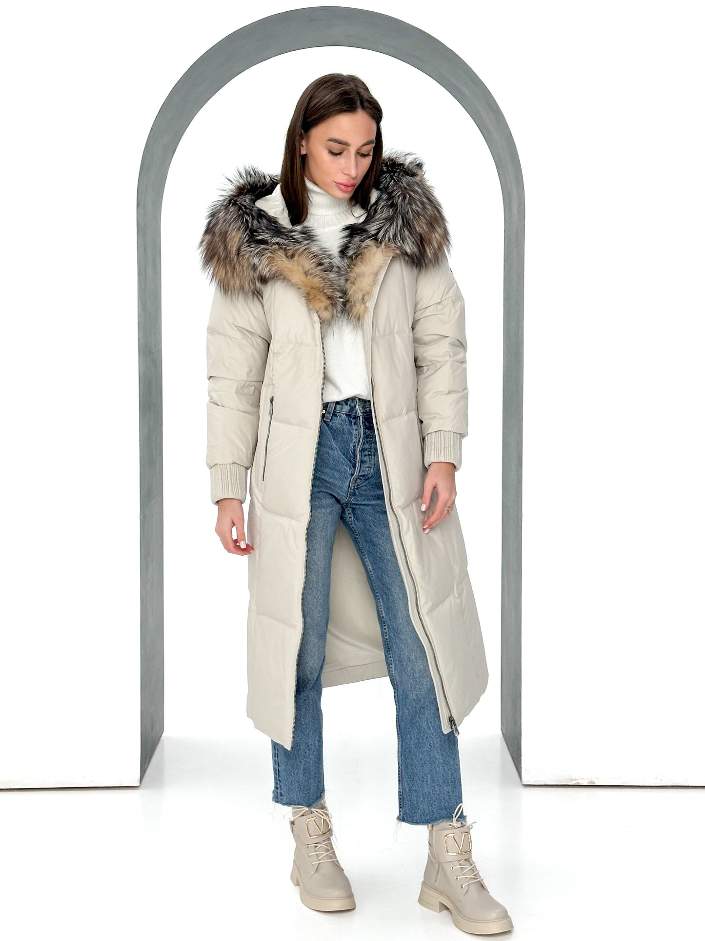 Manteau Alice en duvet de renard argenté véritable