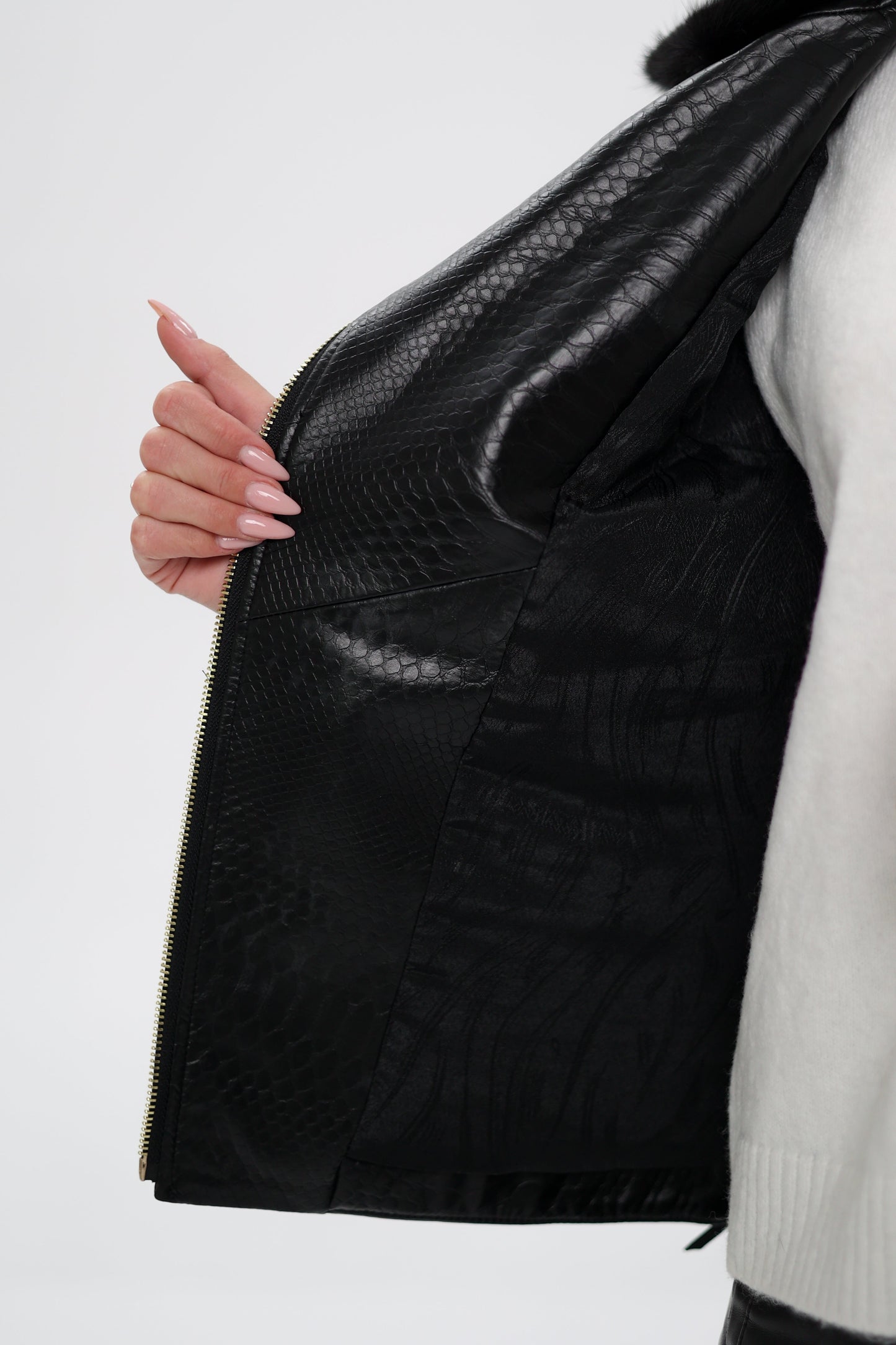 Veste en cuir gaufré en fourrure de vison véritable