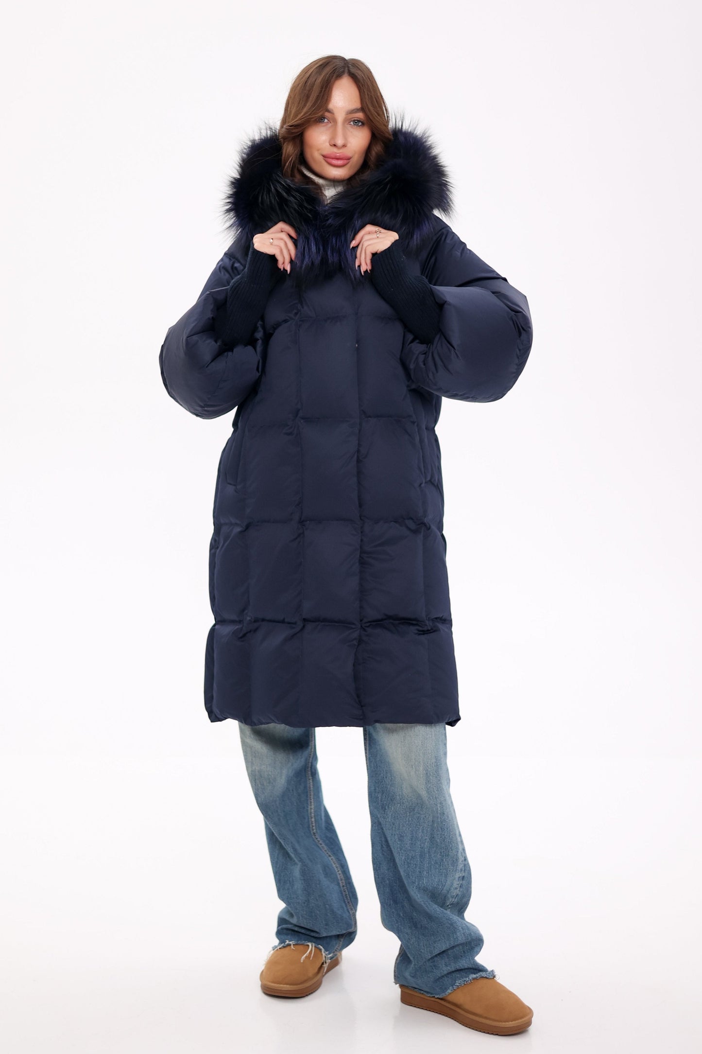 Genuine Fox Fur Trim Down Coat in Royal Blue