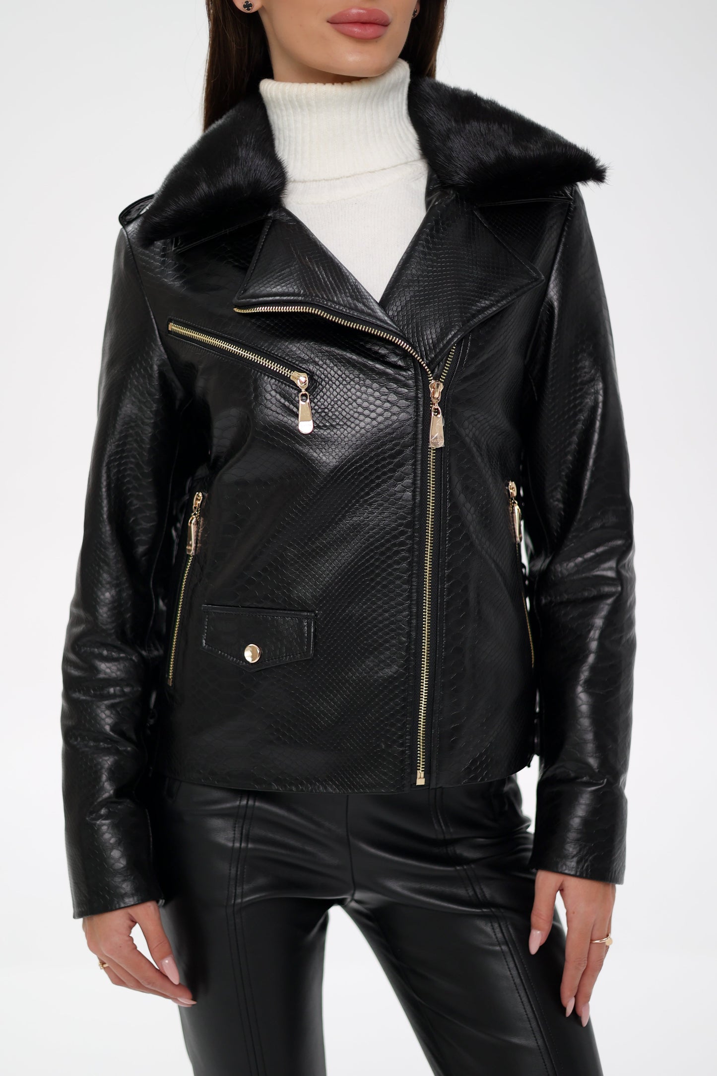 Veste en cuir gaufré en fourrure de vison véritable