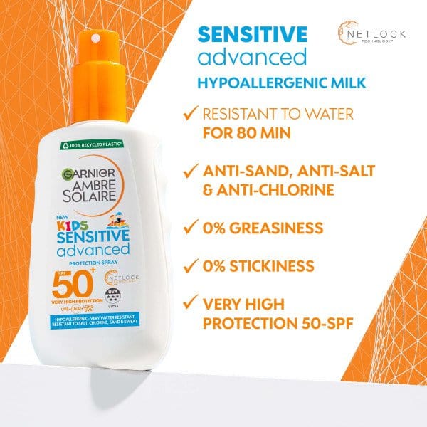 Garnier Ambre Solaire Kids Sensitive Spray Solaire Avancé SPF 50+ 150 ml, lot de 2