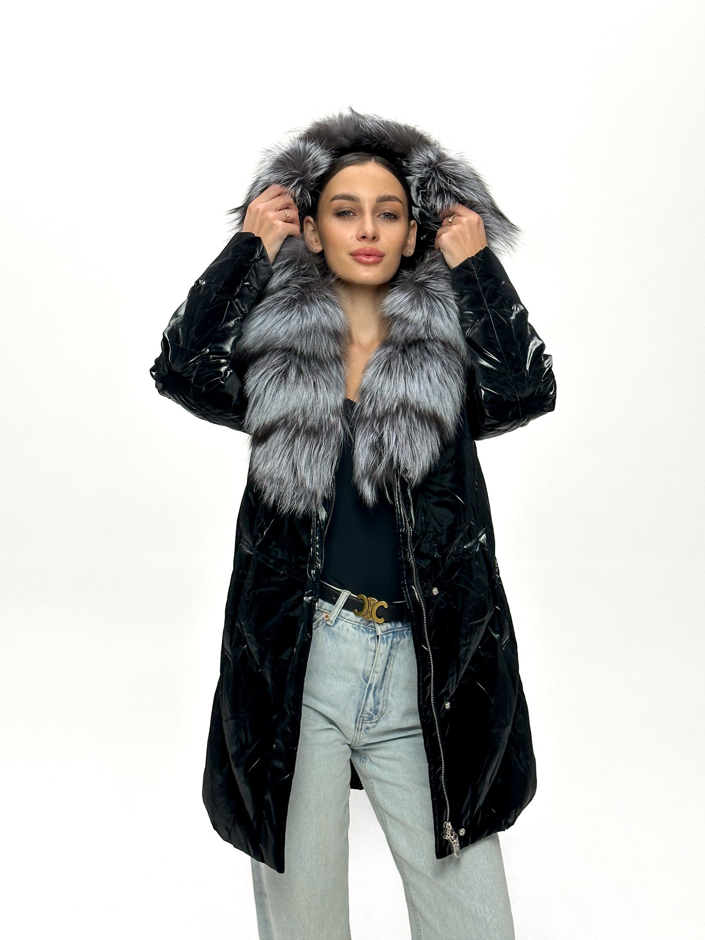 Manteau en duvet et fourrure de renard argenté véritable