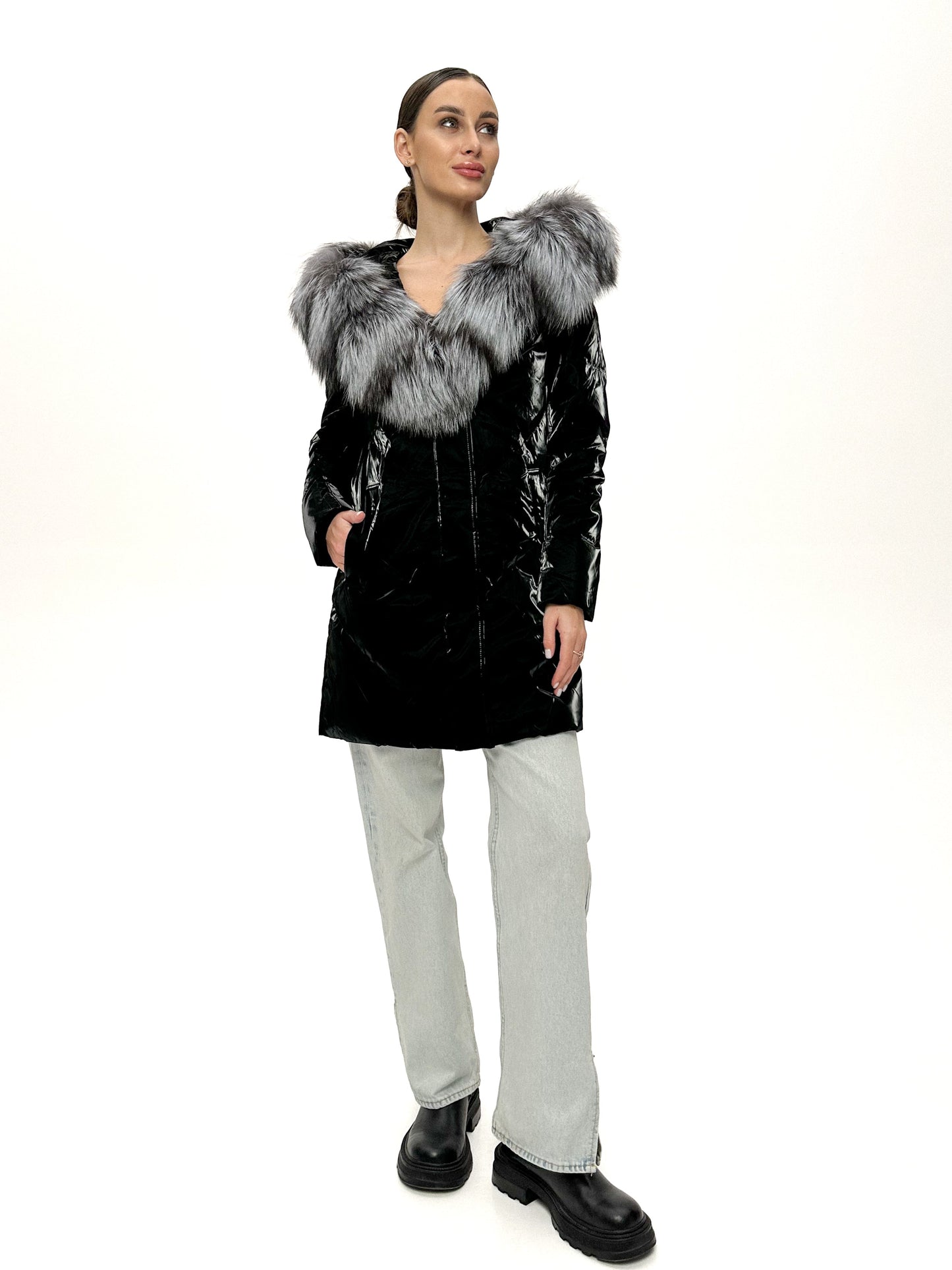Manteau en duvet et fourrure de renard argenté véritable