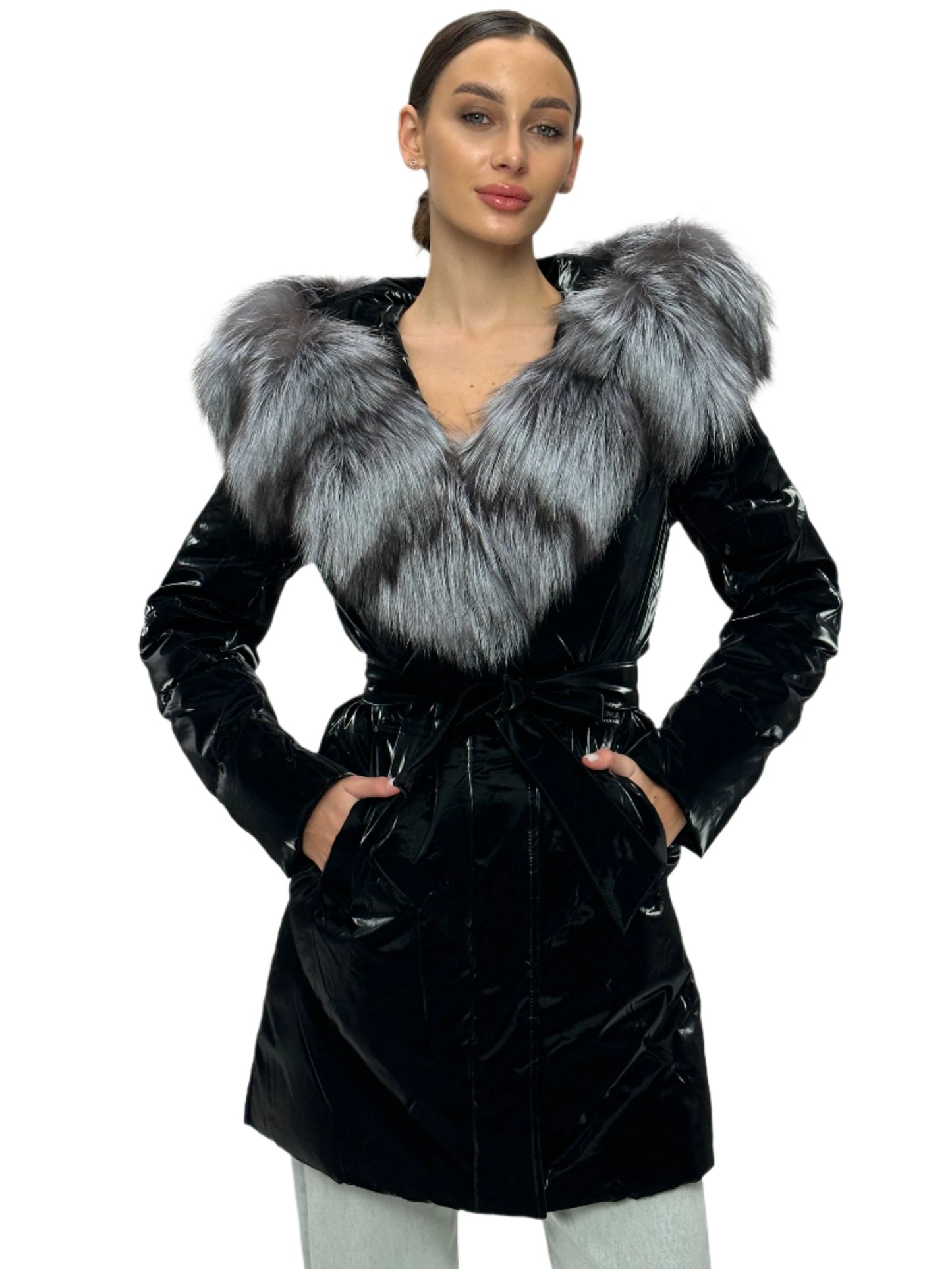 Manteau en duvet et fourrure de renard argenté véritable
