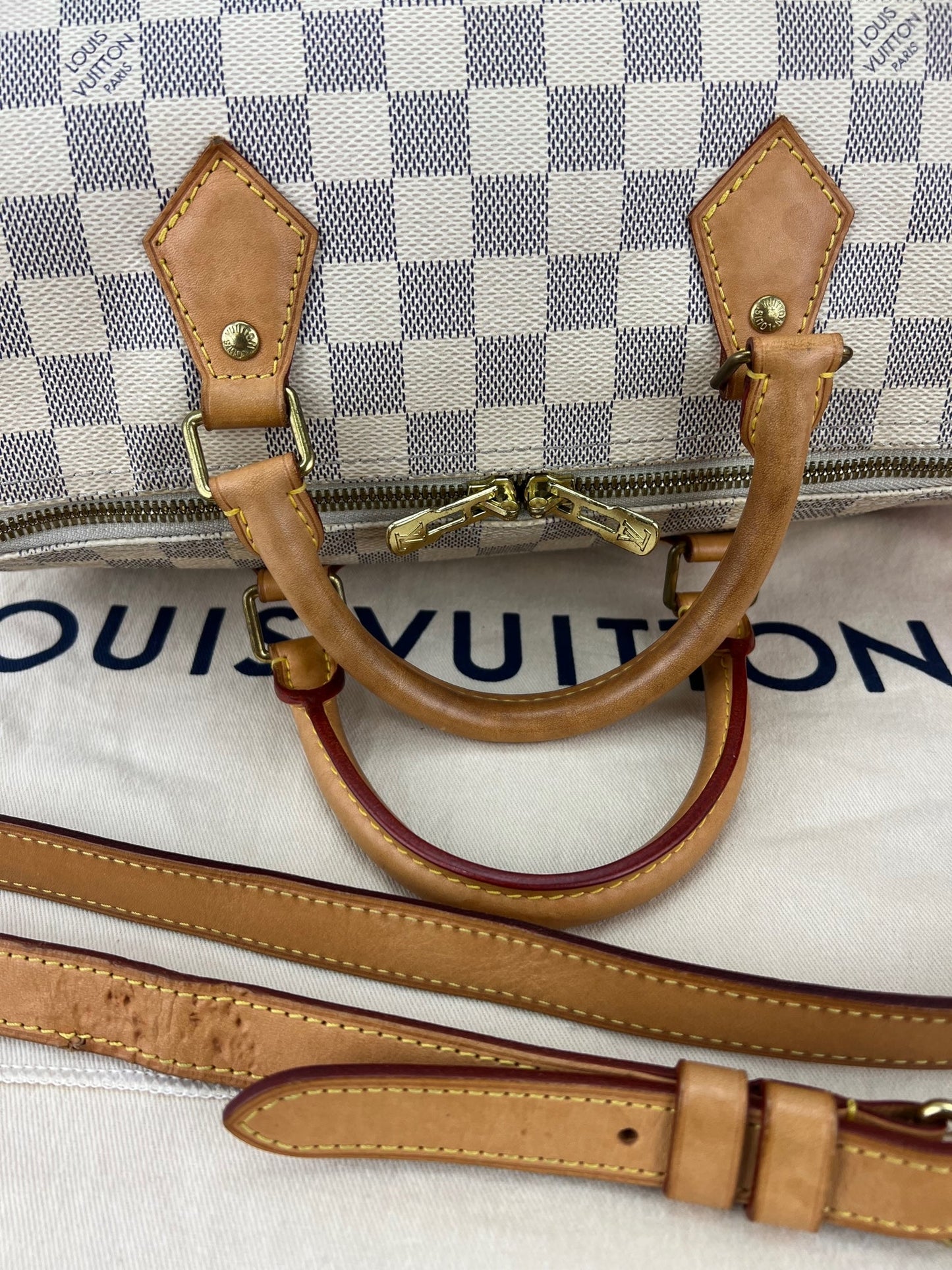 Sac à main Louis Vuitton Speedy Bandouliere 30 Damier Azur, avec insert supplémentaire, d'occasion