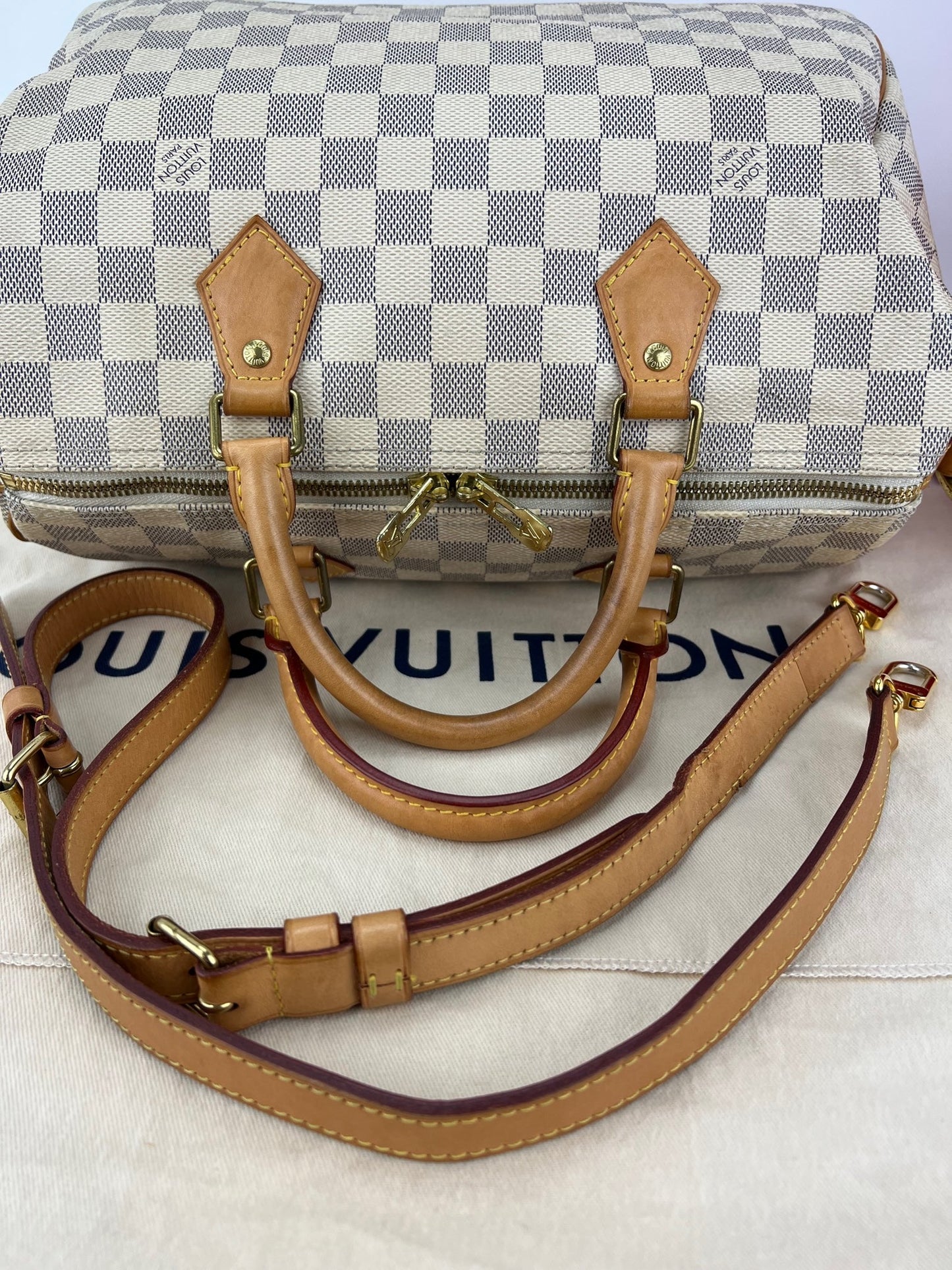 Sac à main Louis Vuitton Speedy Bandouliere 30 Damier Azur, avec insert supplémentaire, d'occasion