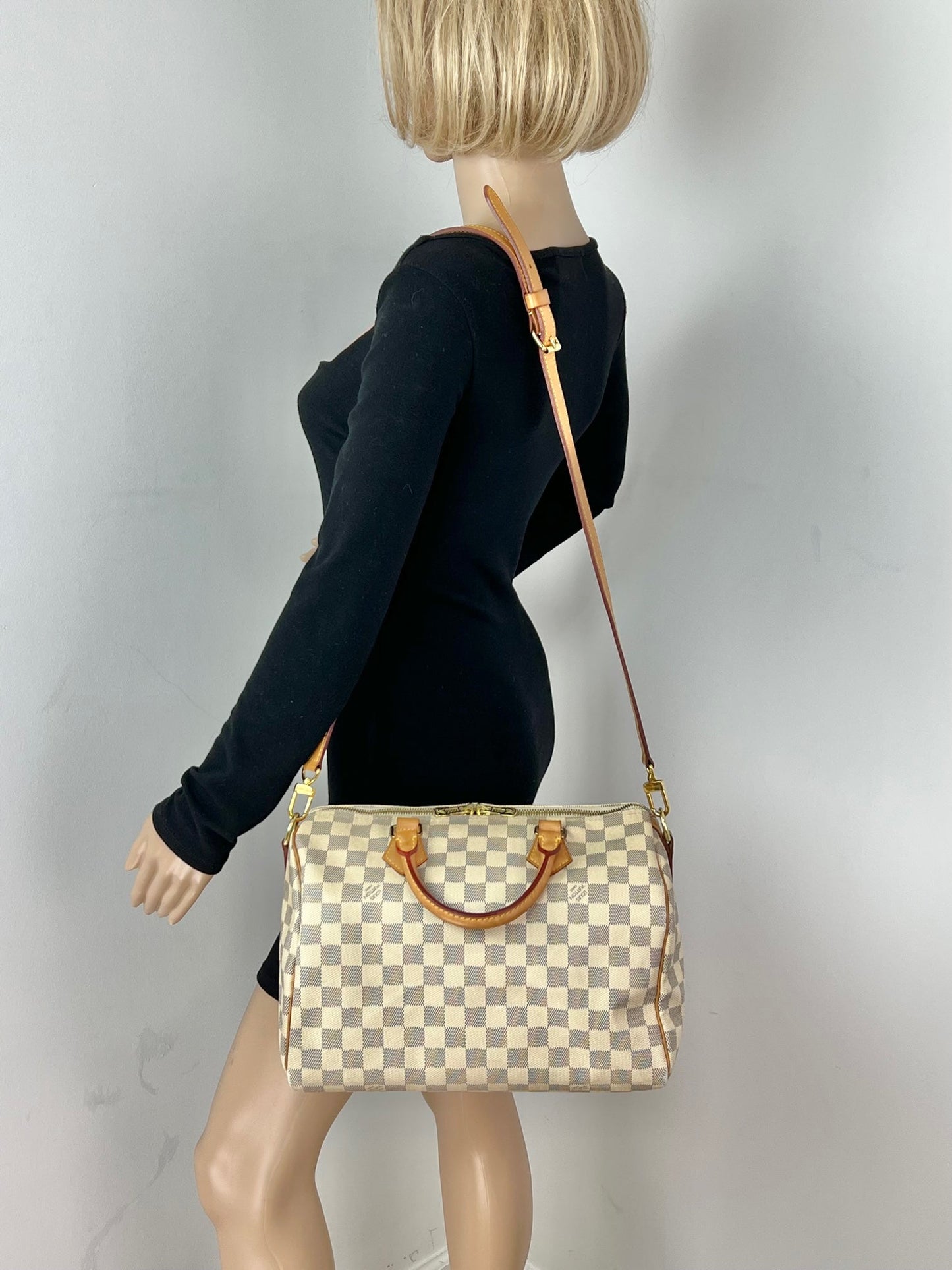 Sac à main Louis Vuitton Speedy Bandouliere 30 Damier Azur, avec insert supplémentaire, d'occasion