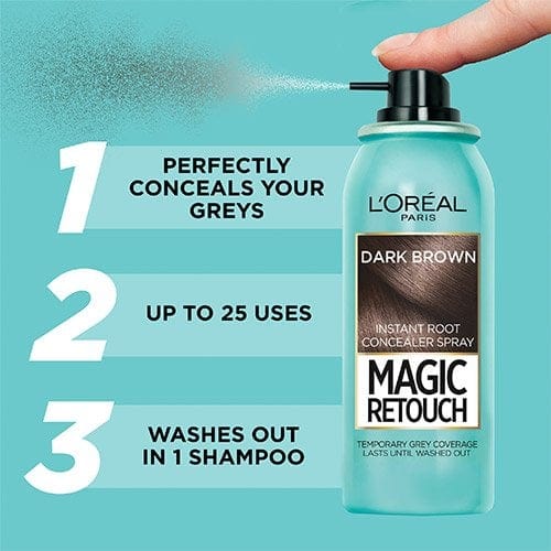 Spray correcteur de racines grises temporaire instantané Magic Retouch Dark Brown de L'Oréal Paris, 75 ml - Brun foncé