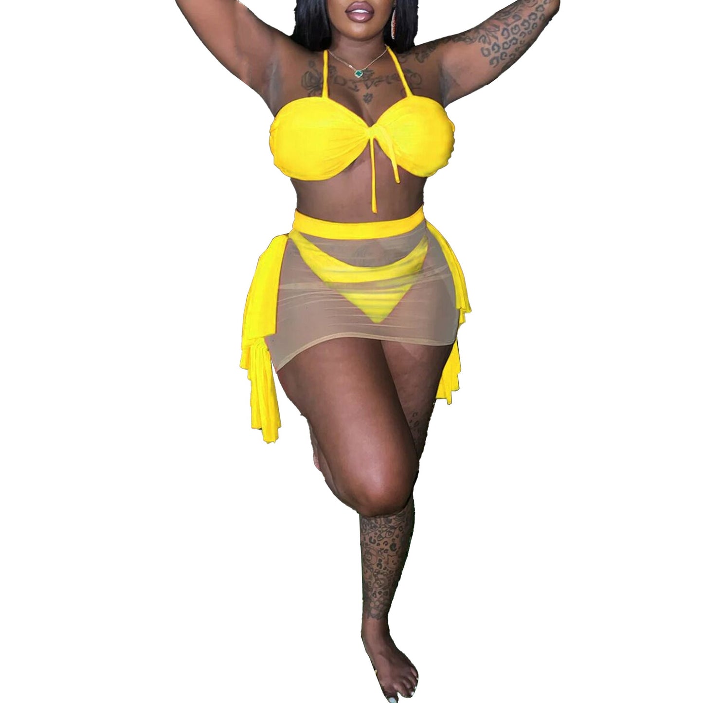 Sexy Solid Color Mesh Stitching See through Halter Strap Lace Swimsuit Three Piece Set