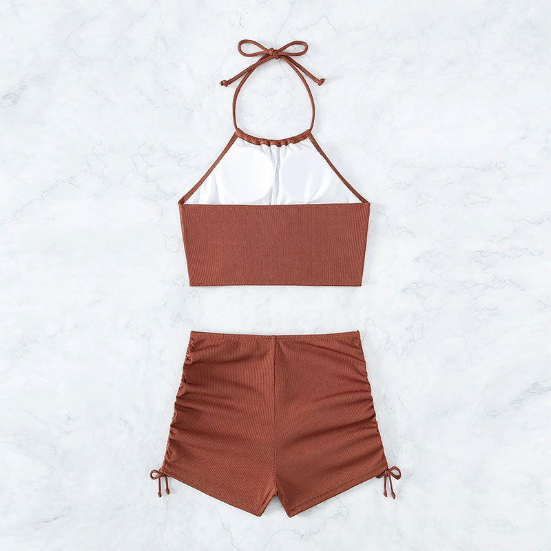 Solid Color Sling Split Swimsuit Women Boxer Sports Beach Bikini Swimsuit